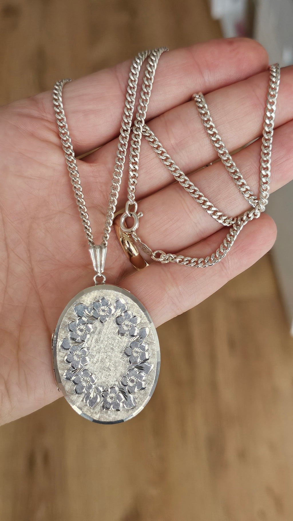 Large Vintage Georg Jensen Solid Sterling Silver Floral Locket & Curb Chain (32.1g)