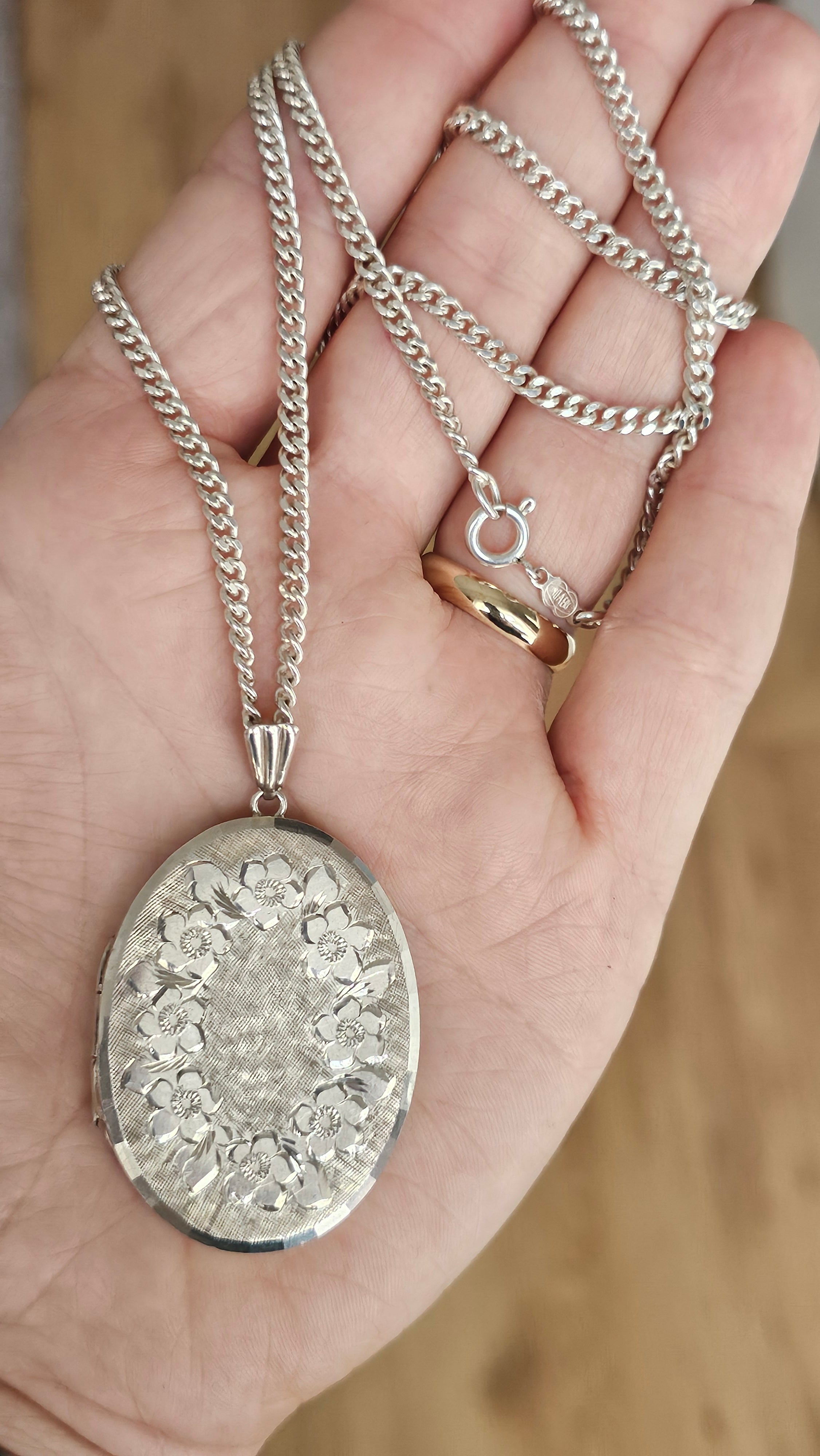 Large Vintage Georg Jensen Solid Sterling Silver Floral Locket & Curb Chain (32.1g)