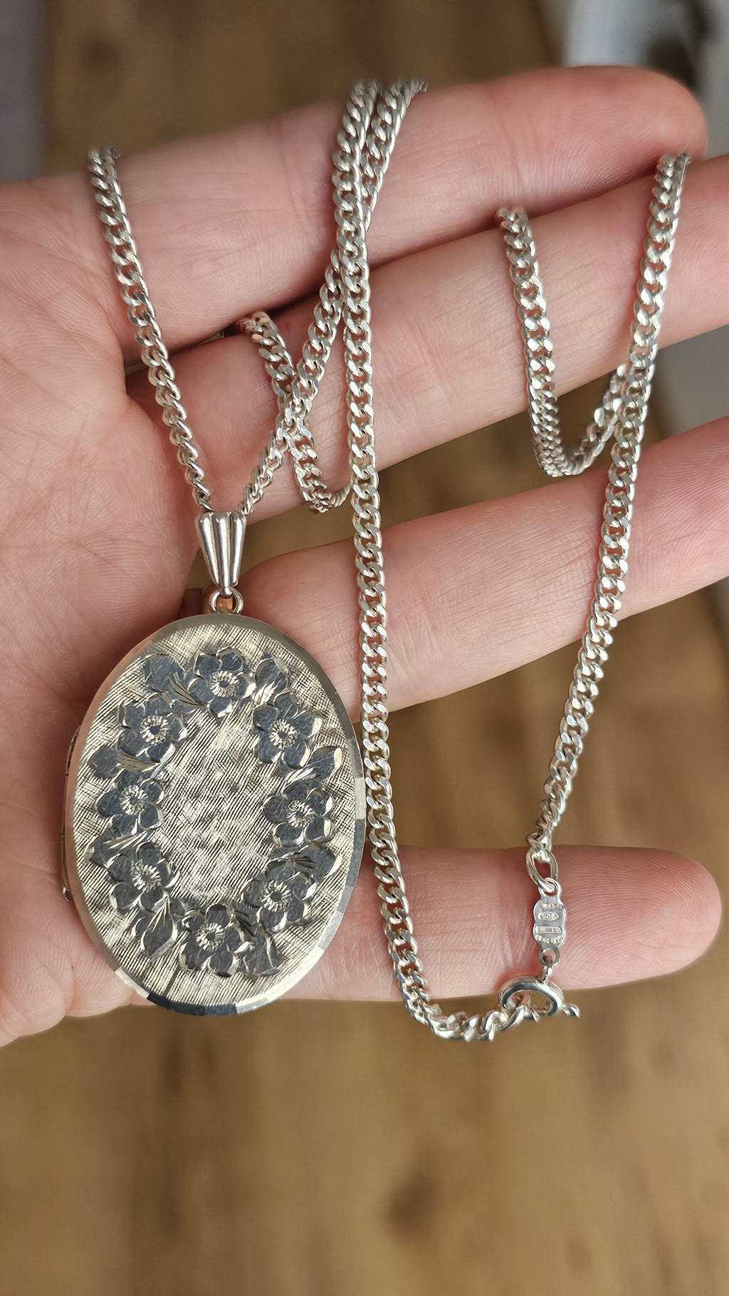 Large Vintage Georg Jensen Solid Sterling Silver Floral Locket & Curb Chain (32.1g)