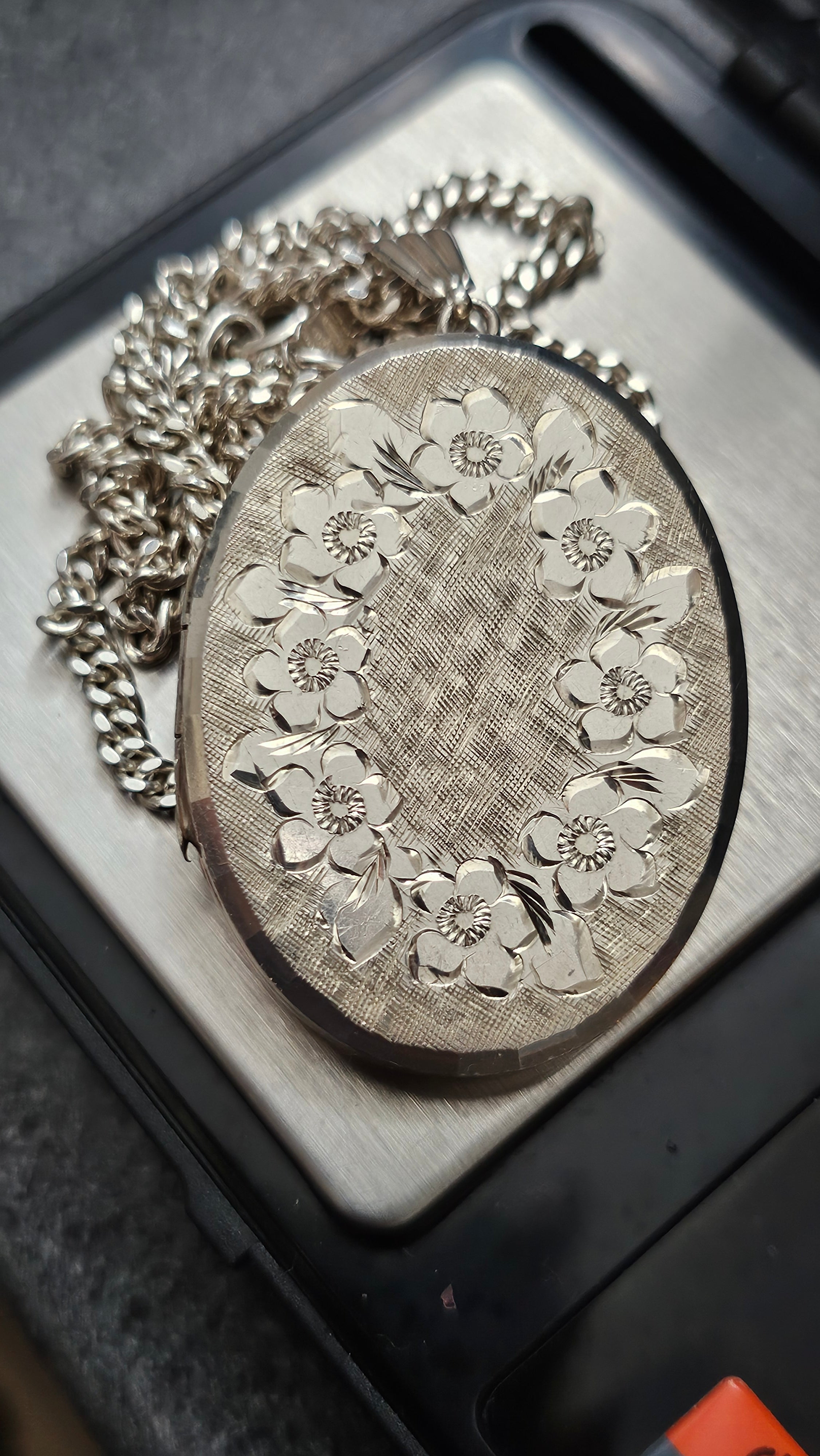 Large Vintage Georg Jensen Solid Sterling Silver Floral Locket & Curb Chain (32.1g)