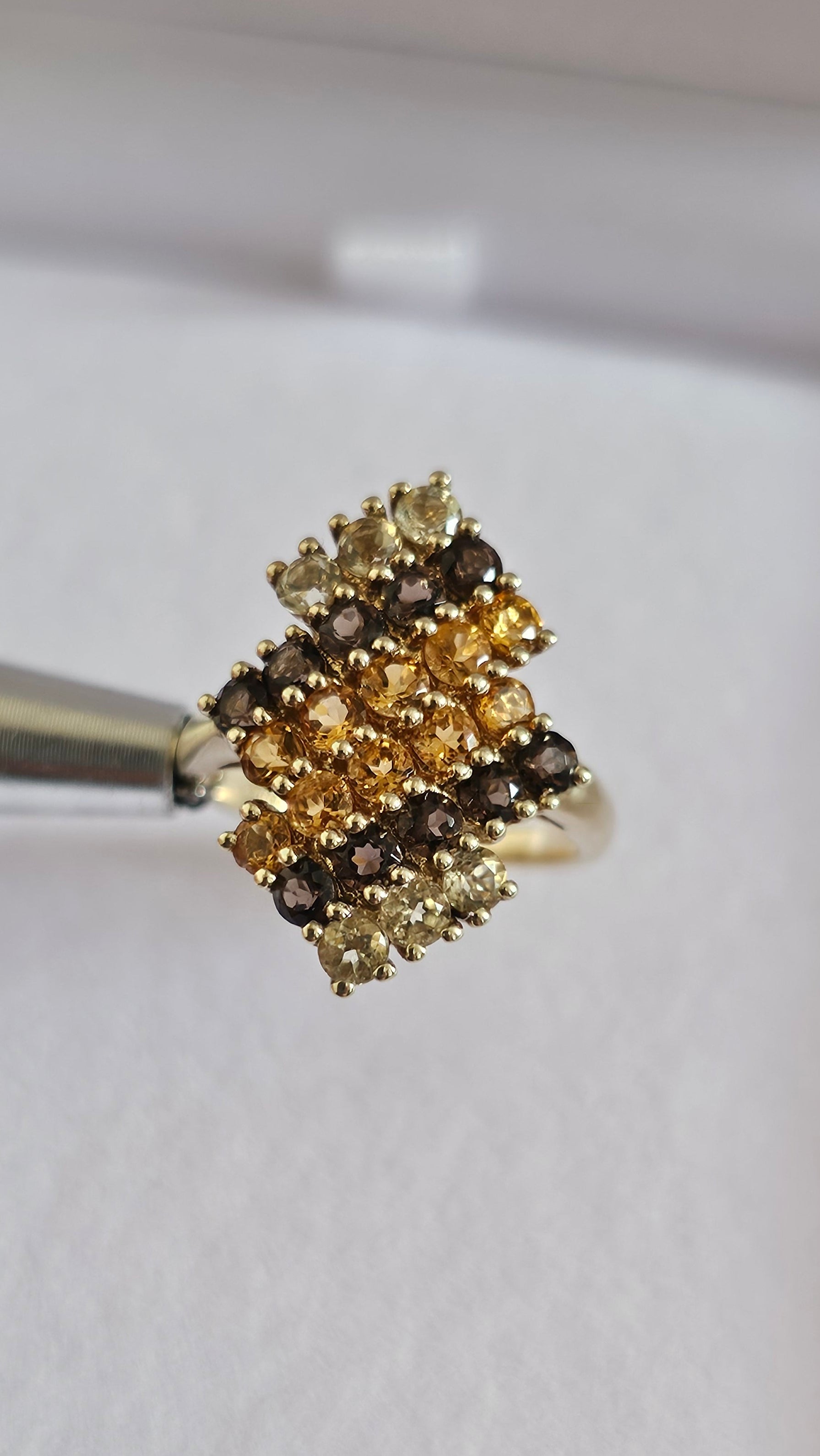 9ct Yellow Gold Multi-Gemstone Stepped Cluster Statement Ring UK Size L 1/2