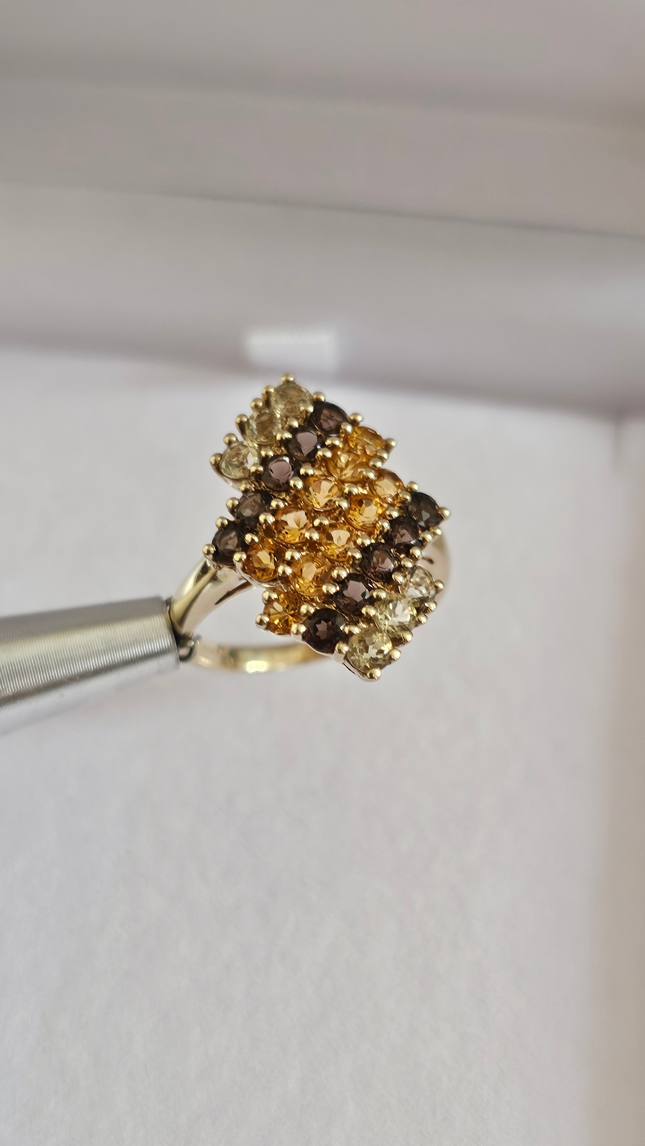 9ct Yellow Gold Multi-Gemstone Stepped Cluster Statement Ring UK Size L 1/2