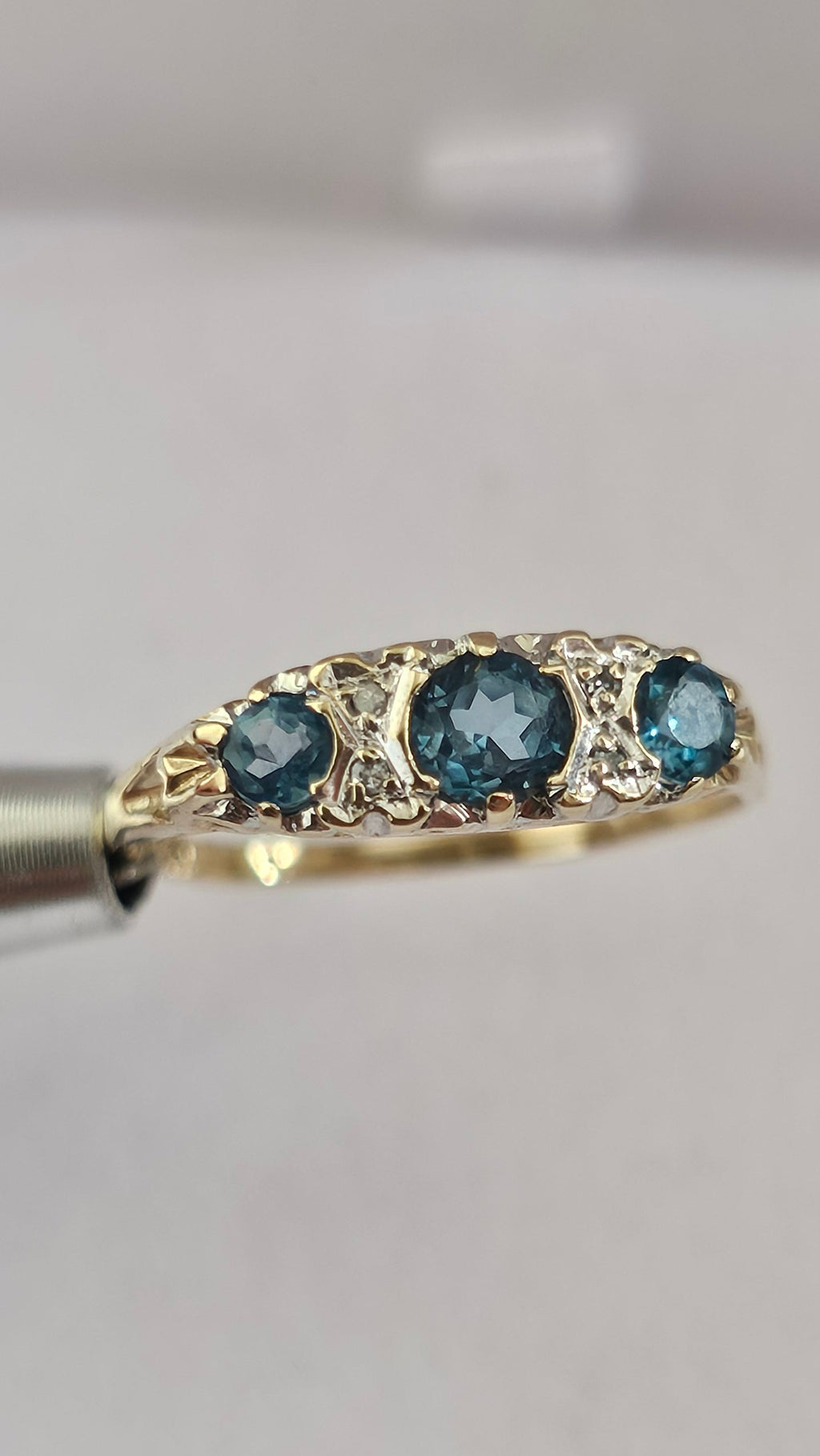 Vintage 9ct Yellow Gold set with Natural Blue Topaz and Diamond Ring, size P 1/2