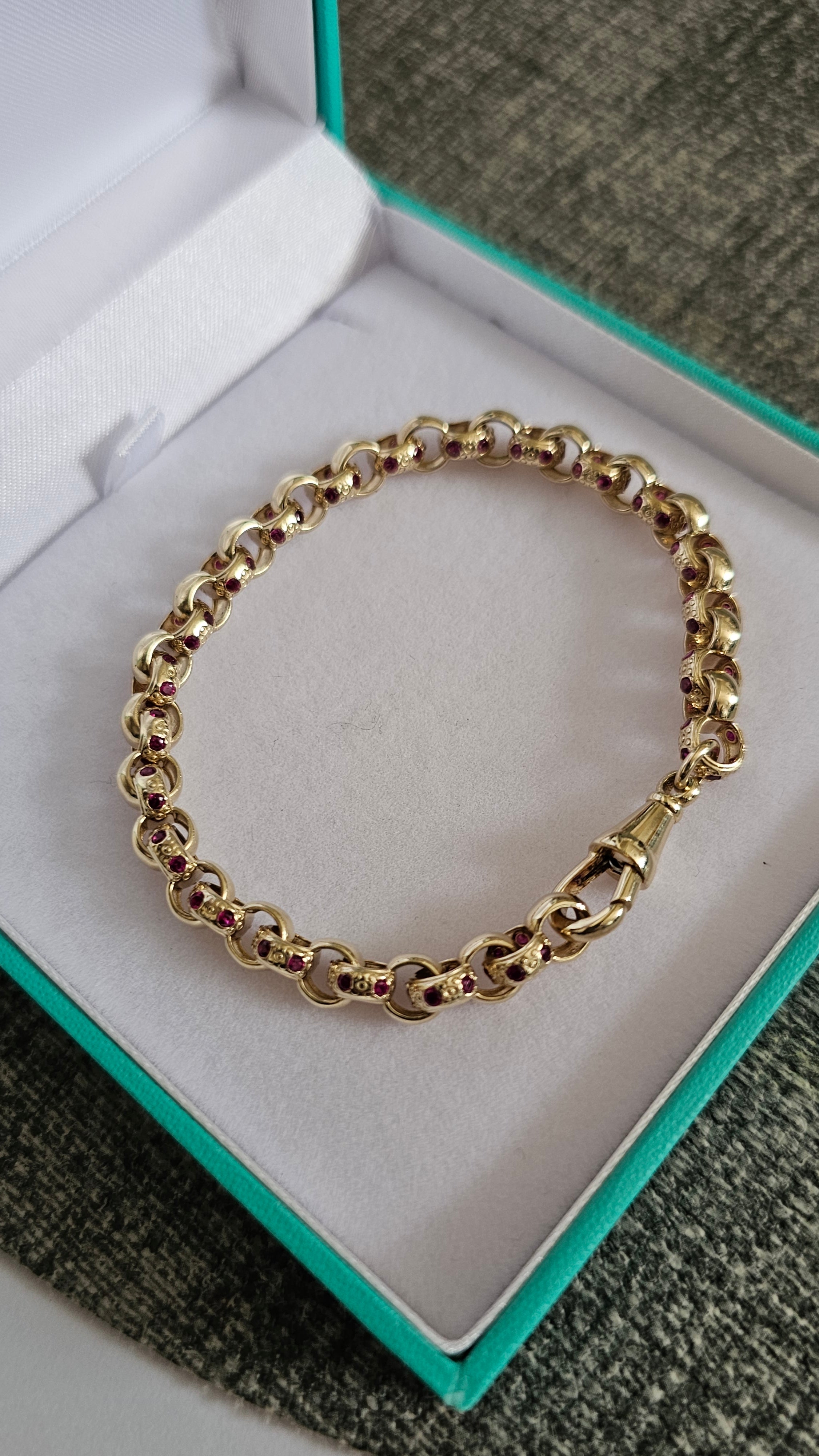 Solid 9ct Yellow Gold & Ruby Belcher Bracelet – Dog Clip Clasp (10.88g)