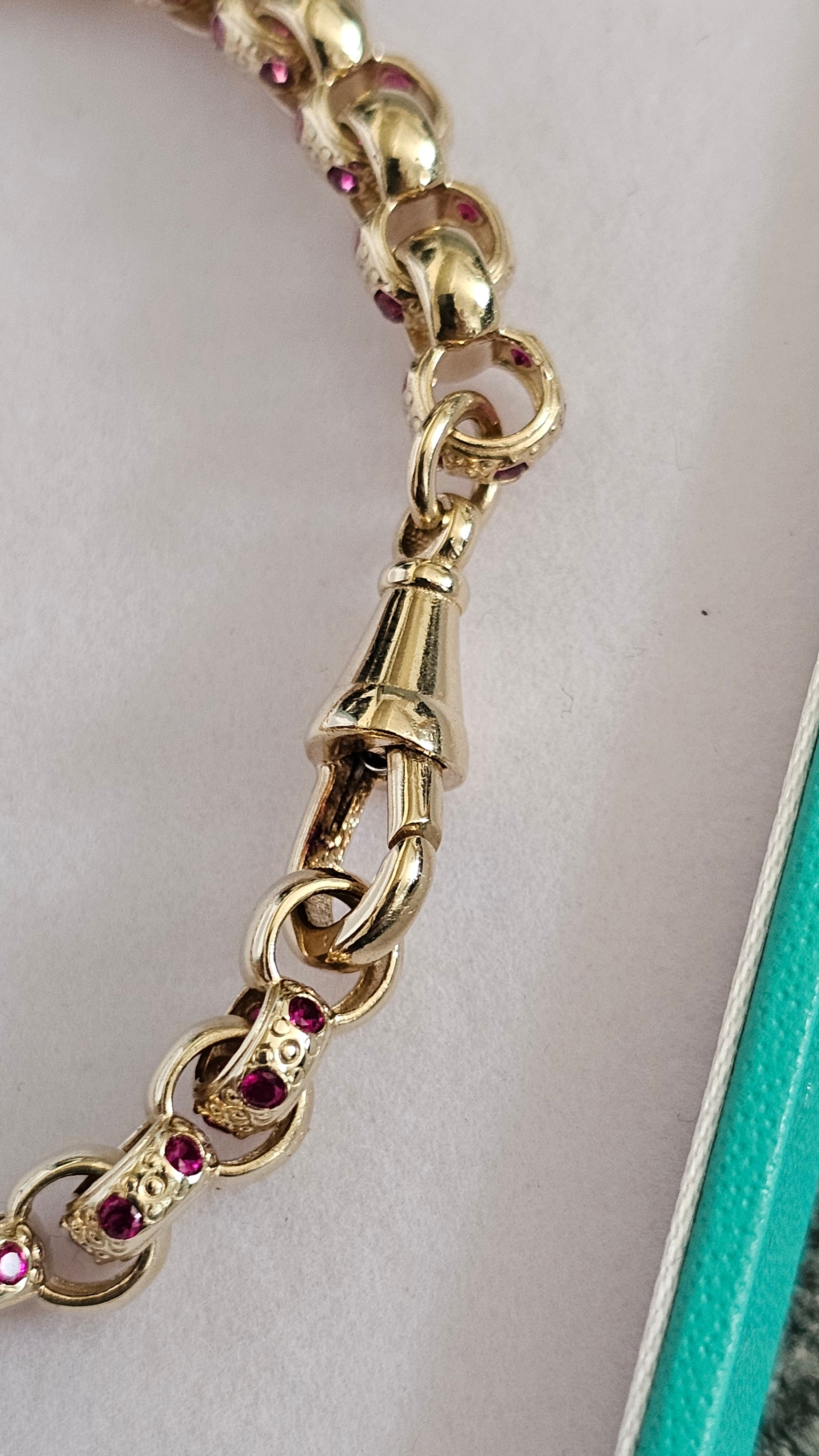Solid 9ct Yellow Gold & Ruby Belcher Bracelet – Dog Clip Clasp (10.88g)
