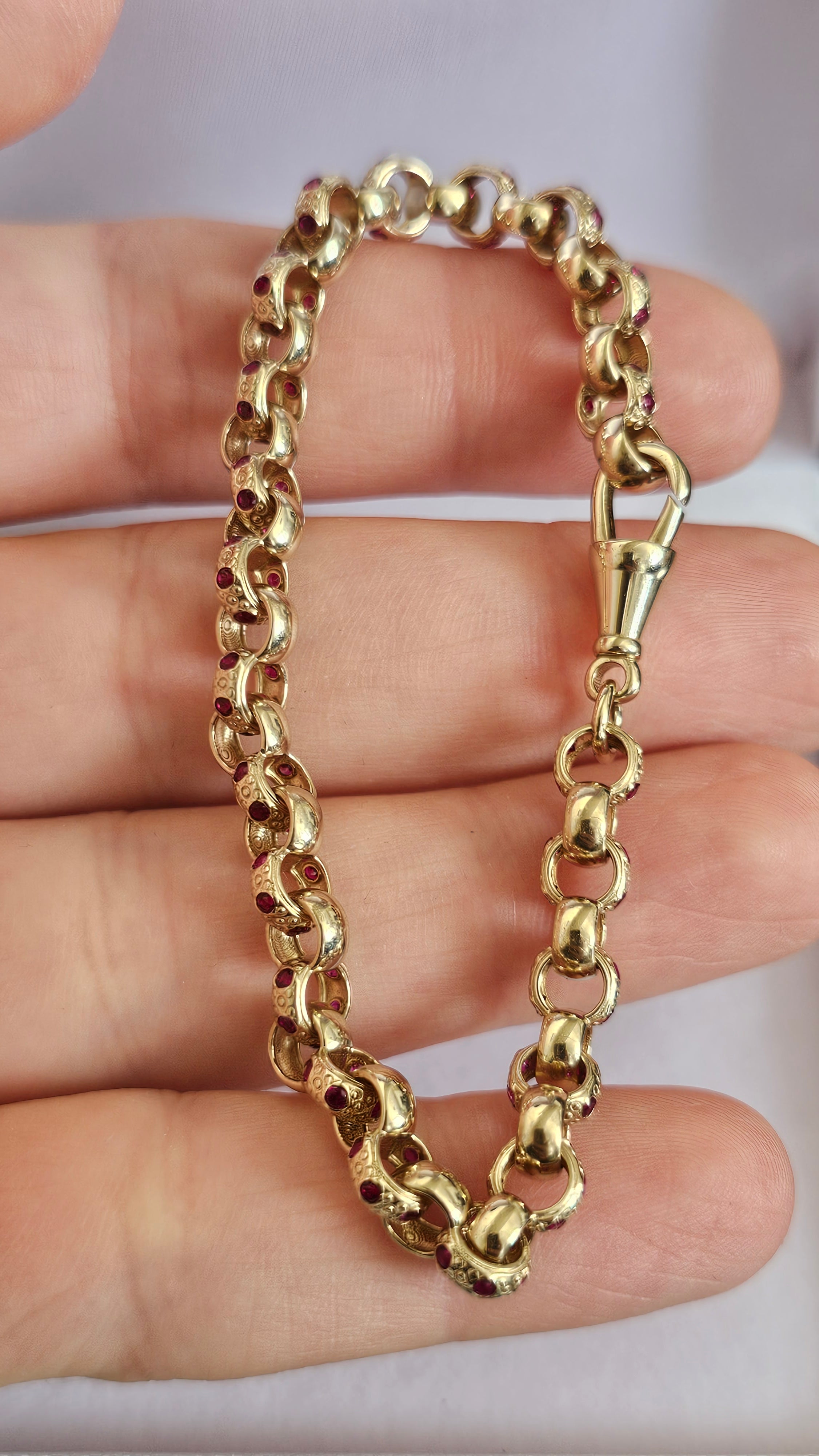 Solid 9ct Yellow Gold & Ruby Belcher Bracelet – Dog Clip Clasp (10.88g)