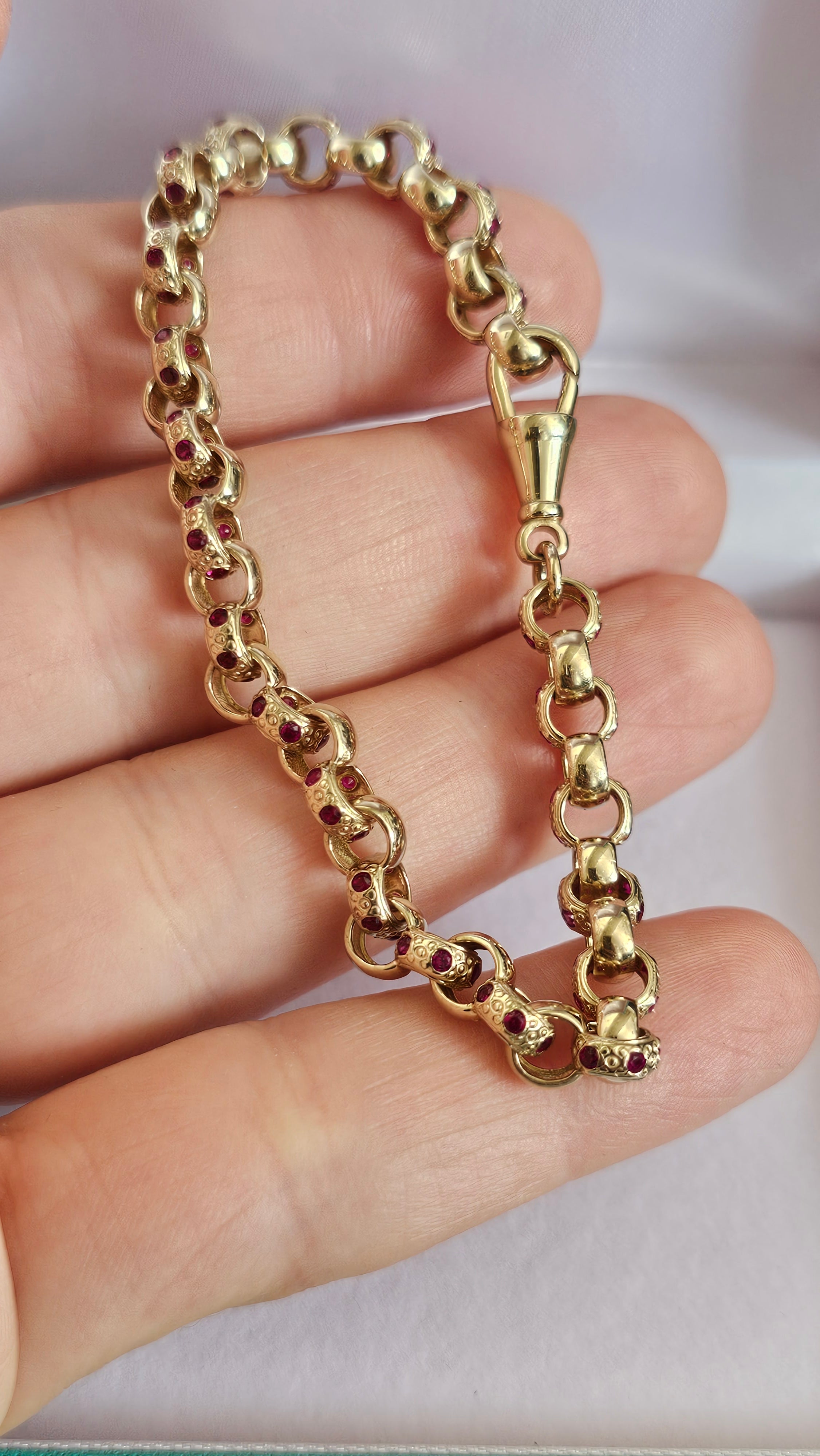 Solid 9ct Yellow Gold & Ruby Belcher Bracelet – Dog Clip Clasp (10.88g)