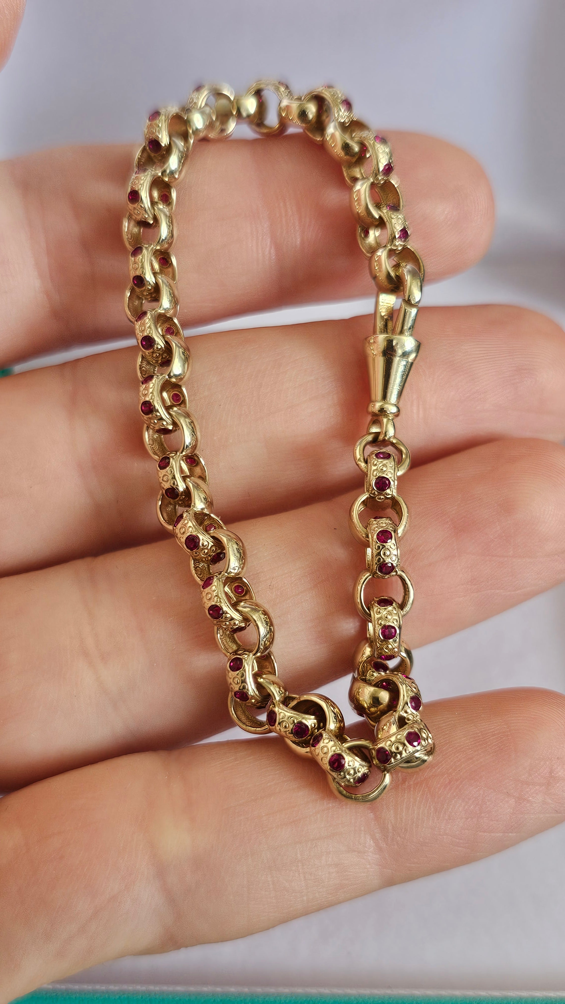Solid 9ct Yellow Gold & Ruby Belcher Bracelet – Dog Clip Clasp (10.88g)