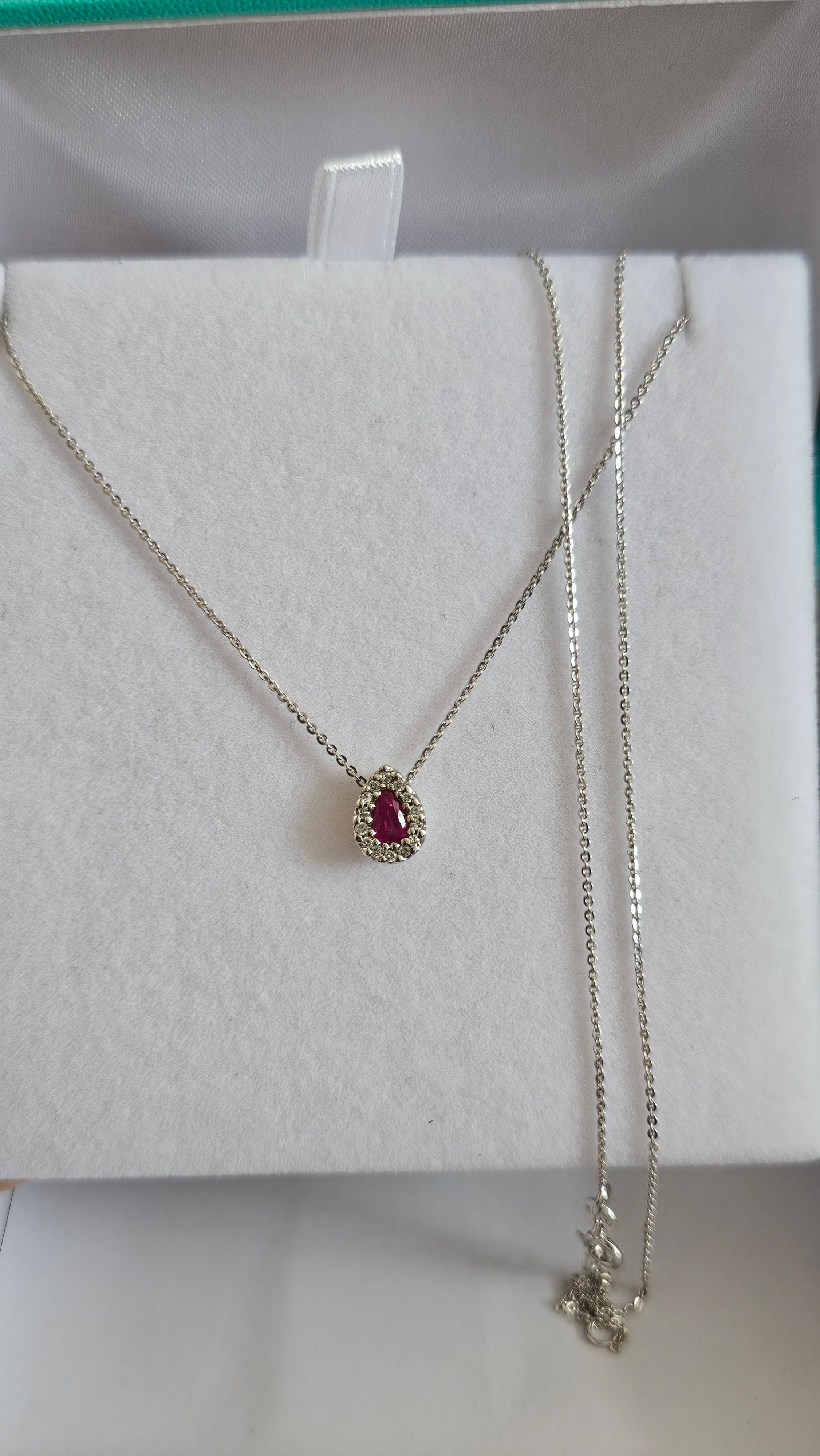 Elegant 9ct White Gold Diamond & Ruby Teardrop Necklace 16.5" - 18"