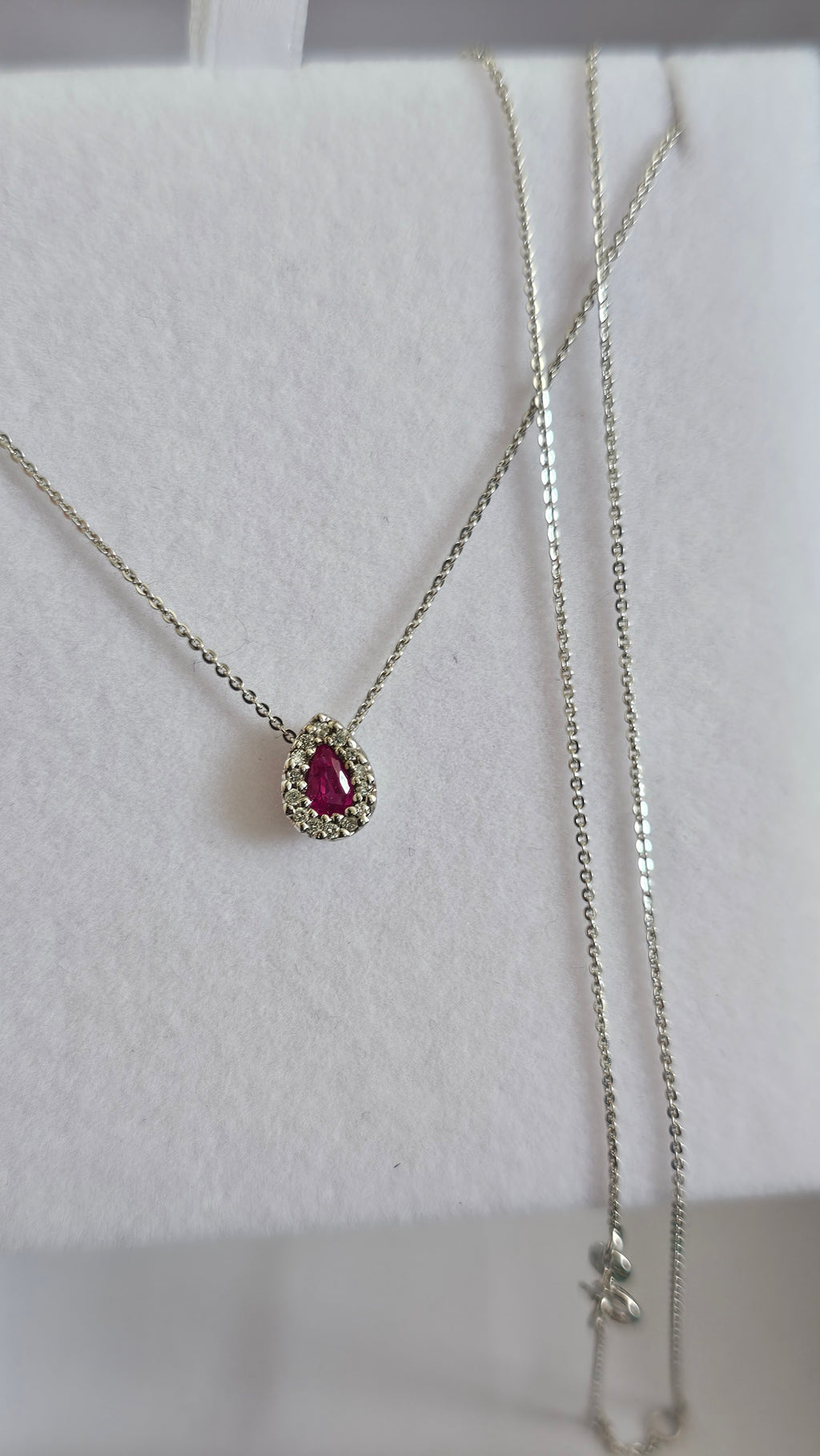 Elegant 9ct White Gold Diamond & Ruby Teardrop Necklace 16.5" - 18"
