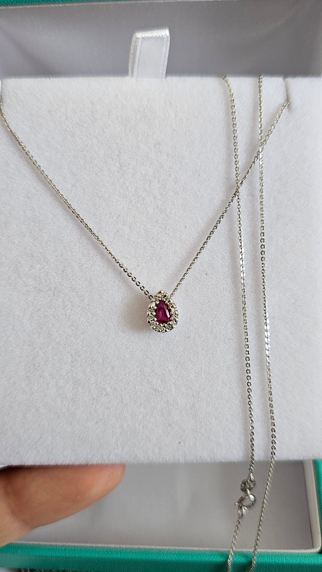 Elegant 9ct White Gold Diamond & Ruby Teardrop Necklace 16.5" - 18"