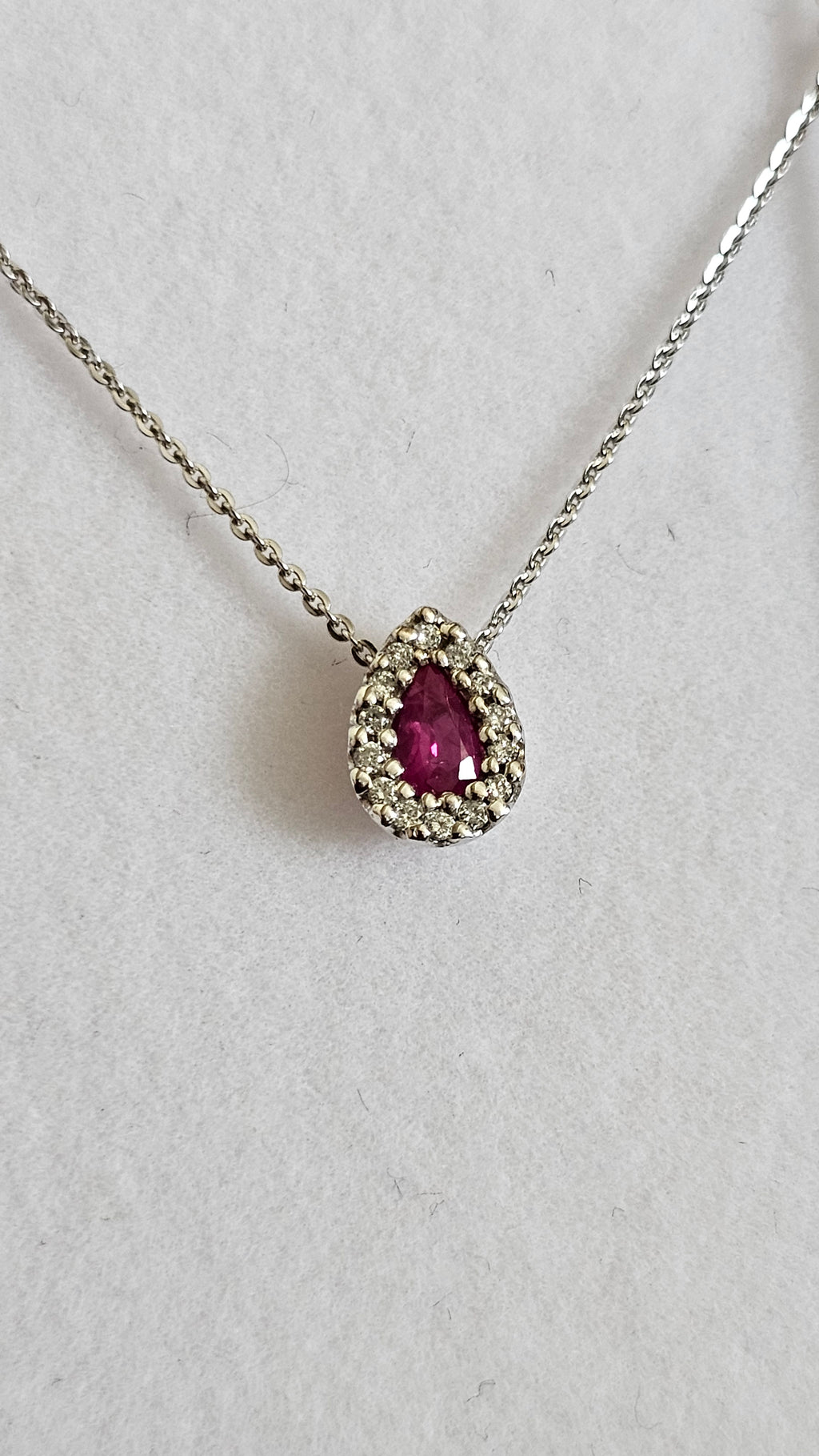 Elegant 9ct White Gold Diamond & Ruby Teardrop Necklace 16.5" - 18"
