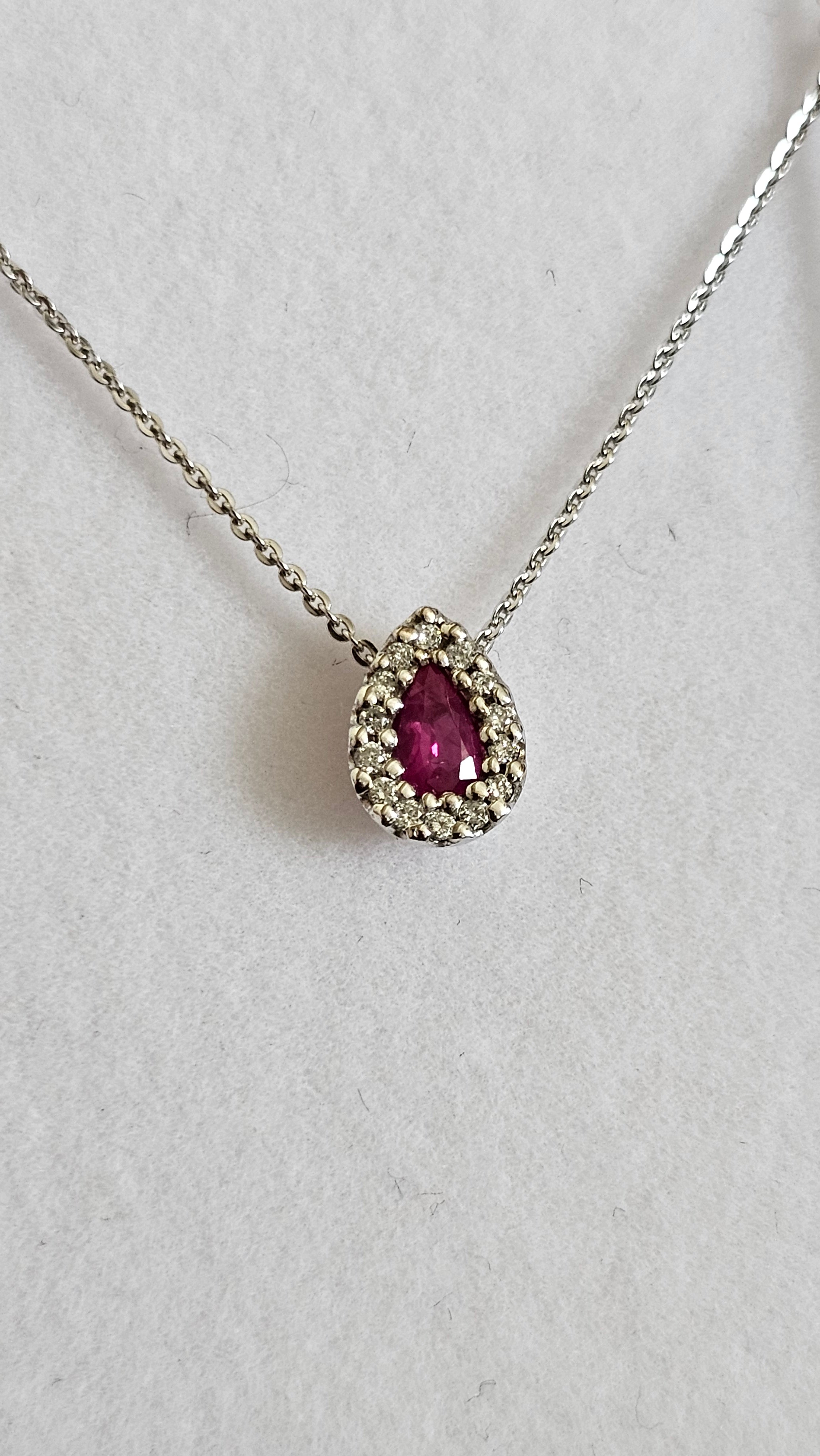 Elegant 9ct White Gold Diamond & Ruby Teardrop Necklace 16.5" - 18"