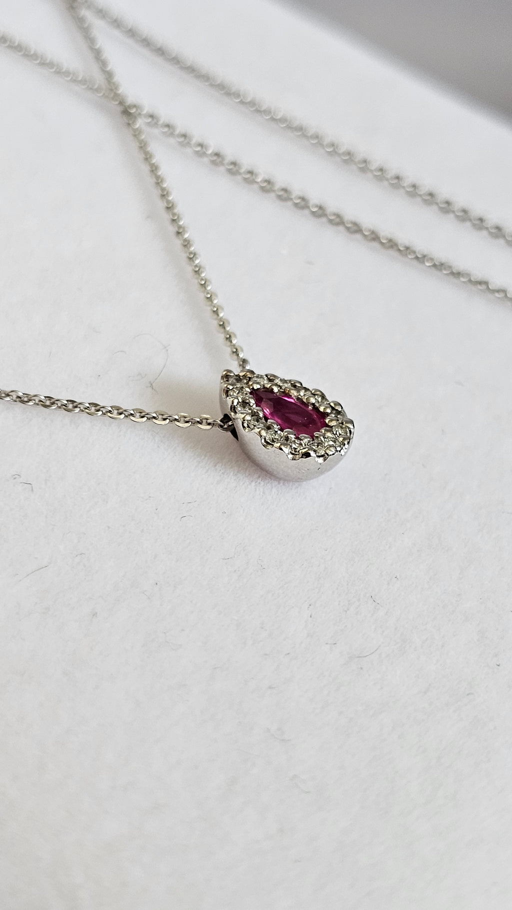 Elegant 9ct White Gold Diamond & Ruby Teardrop Necklace 16.5" - 18"