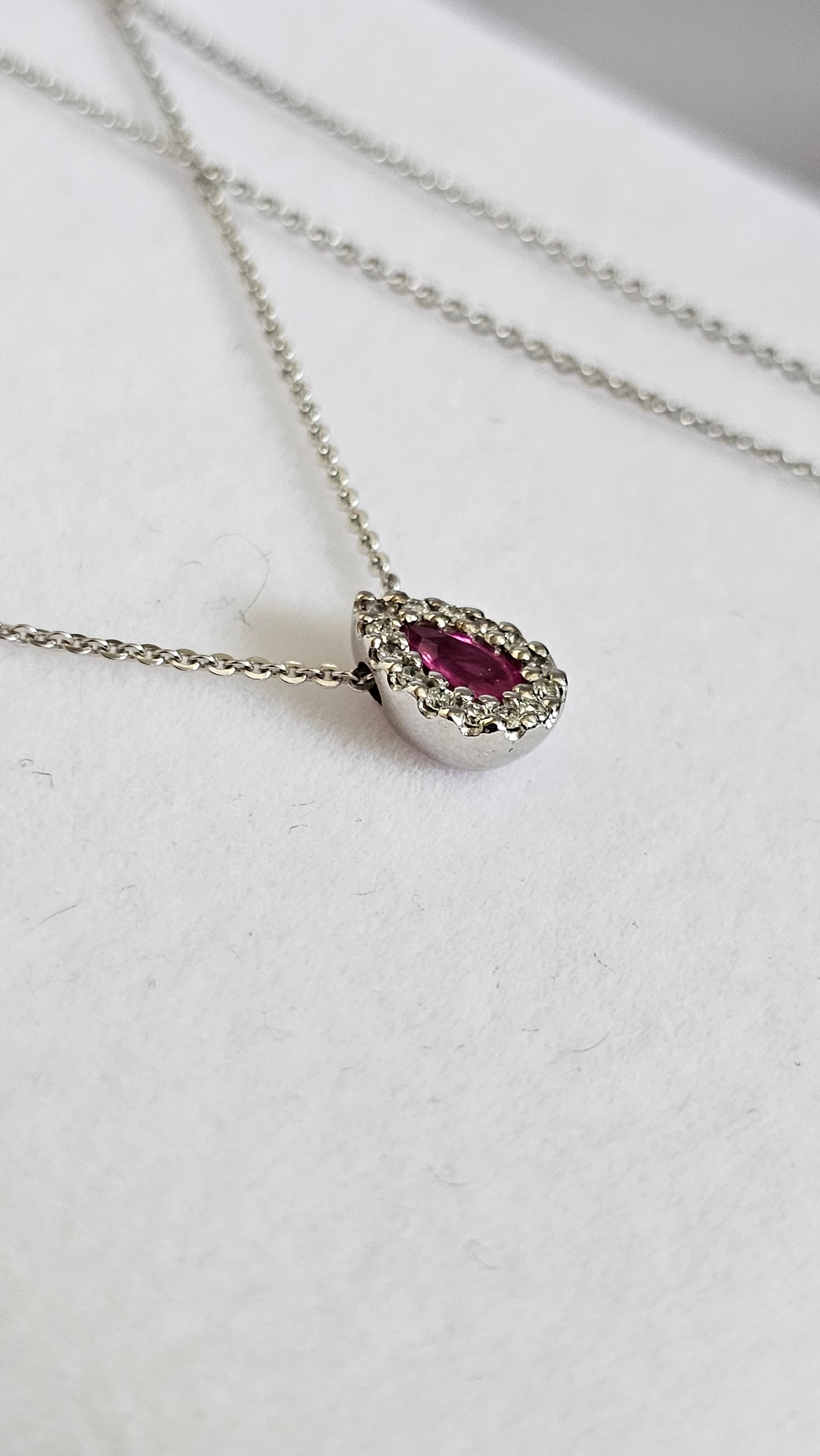 Elegant 9ct White Gold Diamond & Ruby Teardrop Necklace 16.5" - 18"