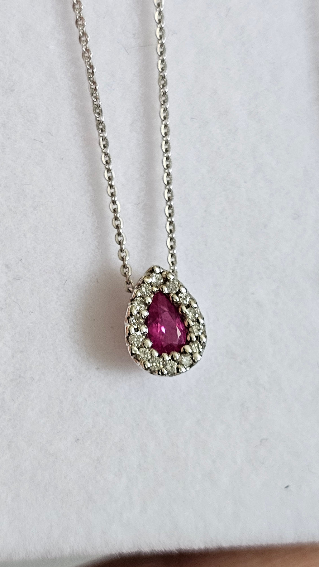 Elegant 9ct White Gold Diamond & Ruby Teardrop Necklace 16.5" - 18"