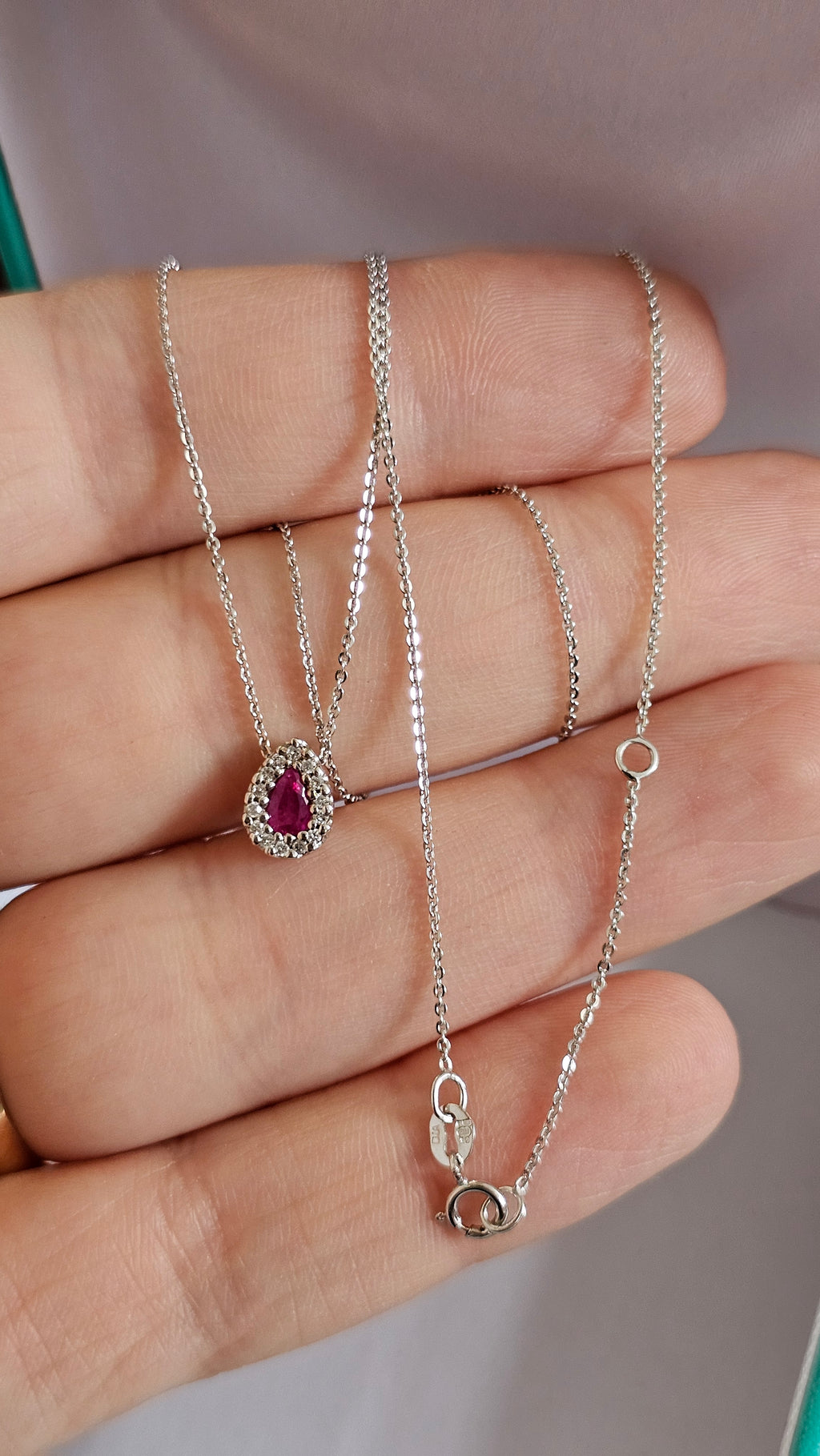 Elegant 9ct White Gold Diamond & Ruby Teardrop Necklace 16.5" - 18"