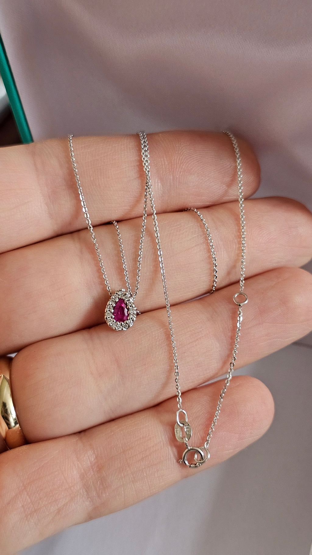 Elegant 9ct White Gold Diamond & Ruby Teardrop Necklace 16.5" - 18"