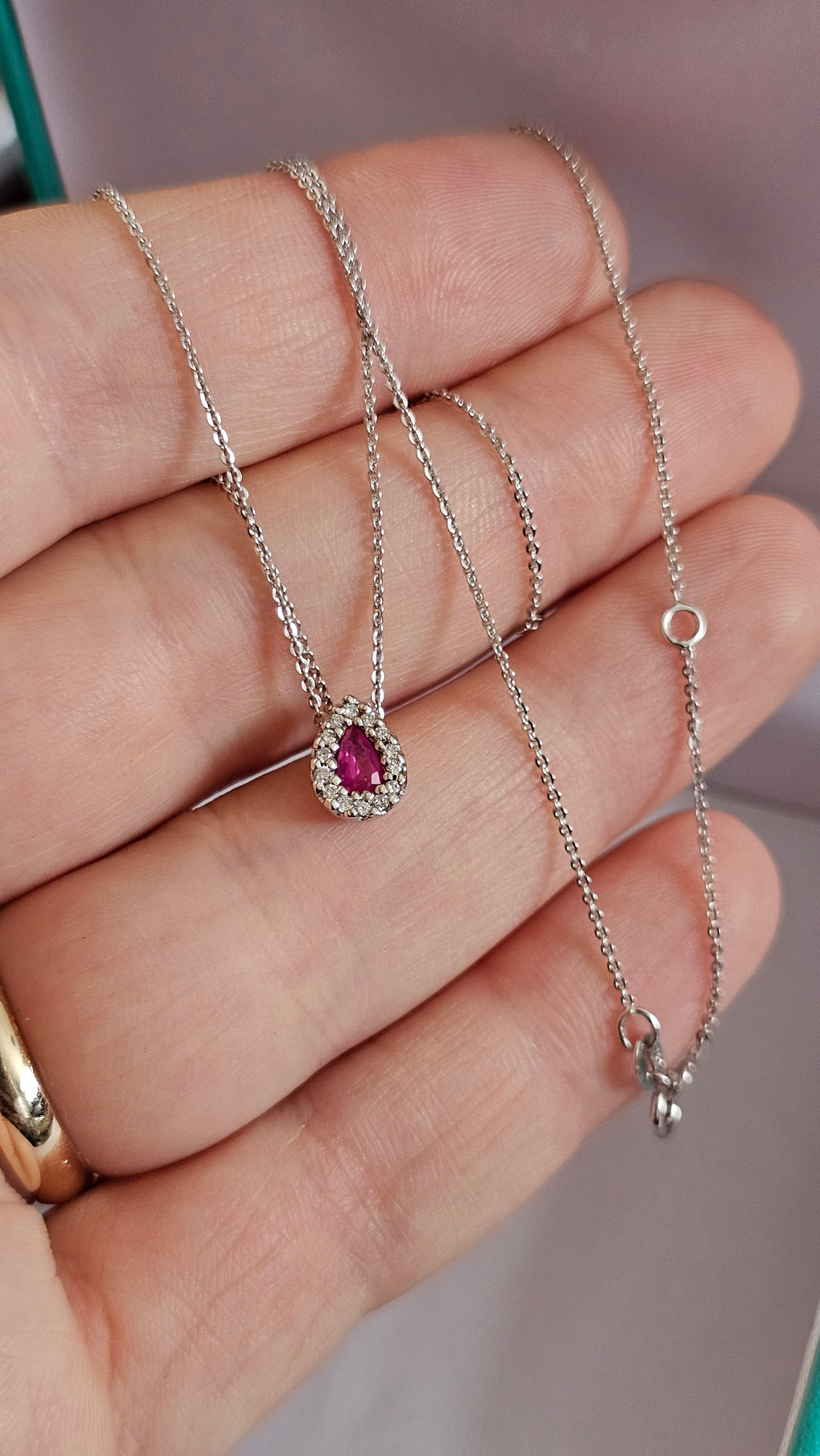 Elegant 9ct White Gold Diamond & Ruby Teardrop Necklace 16.5" - 18"