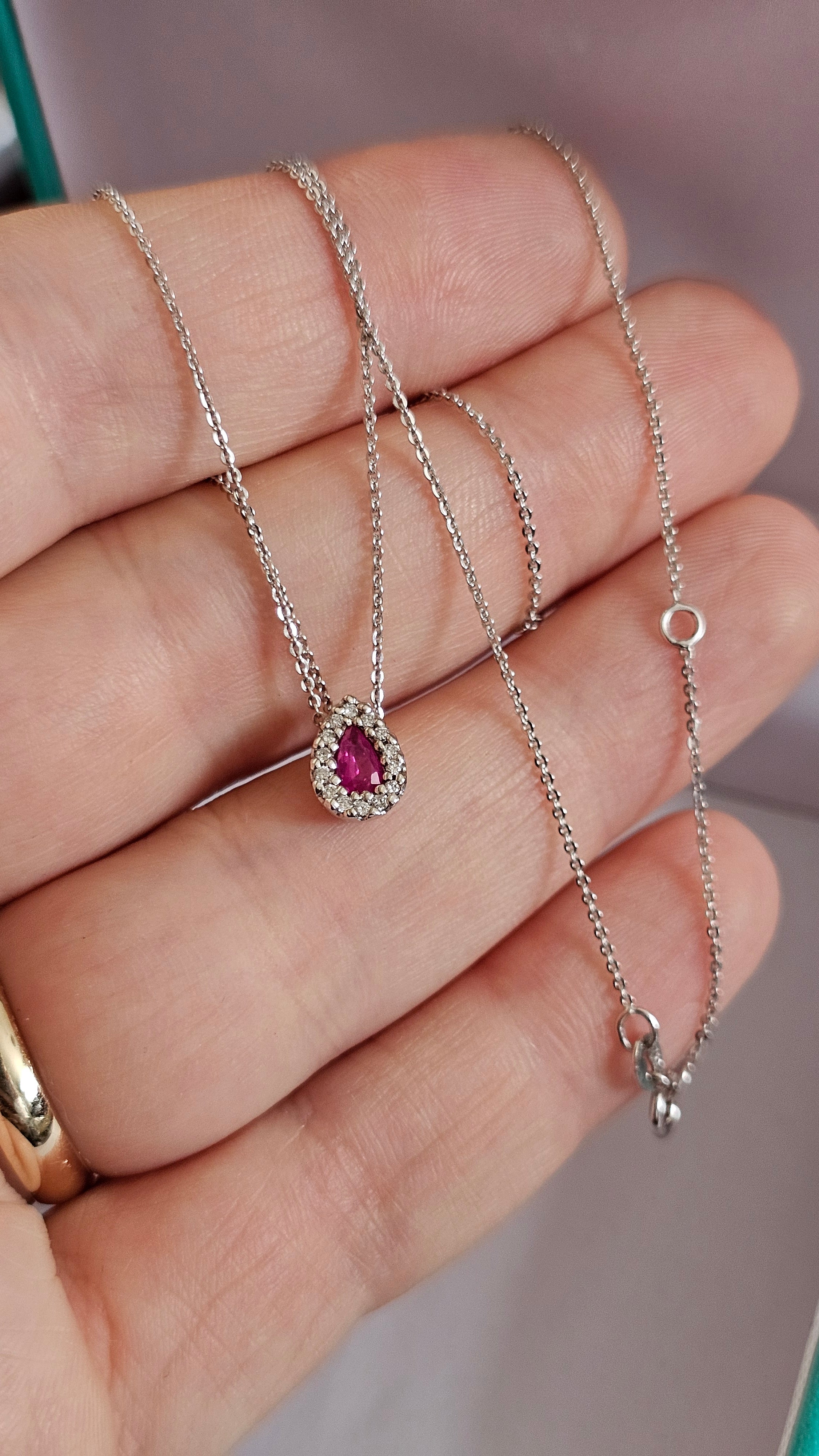 Elegant 9ct White Gold Diamond & Ruby Teardrop Necklace 16.5" - 18"