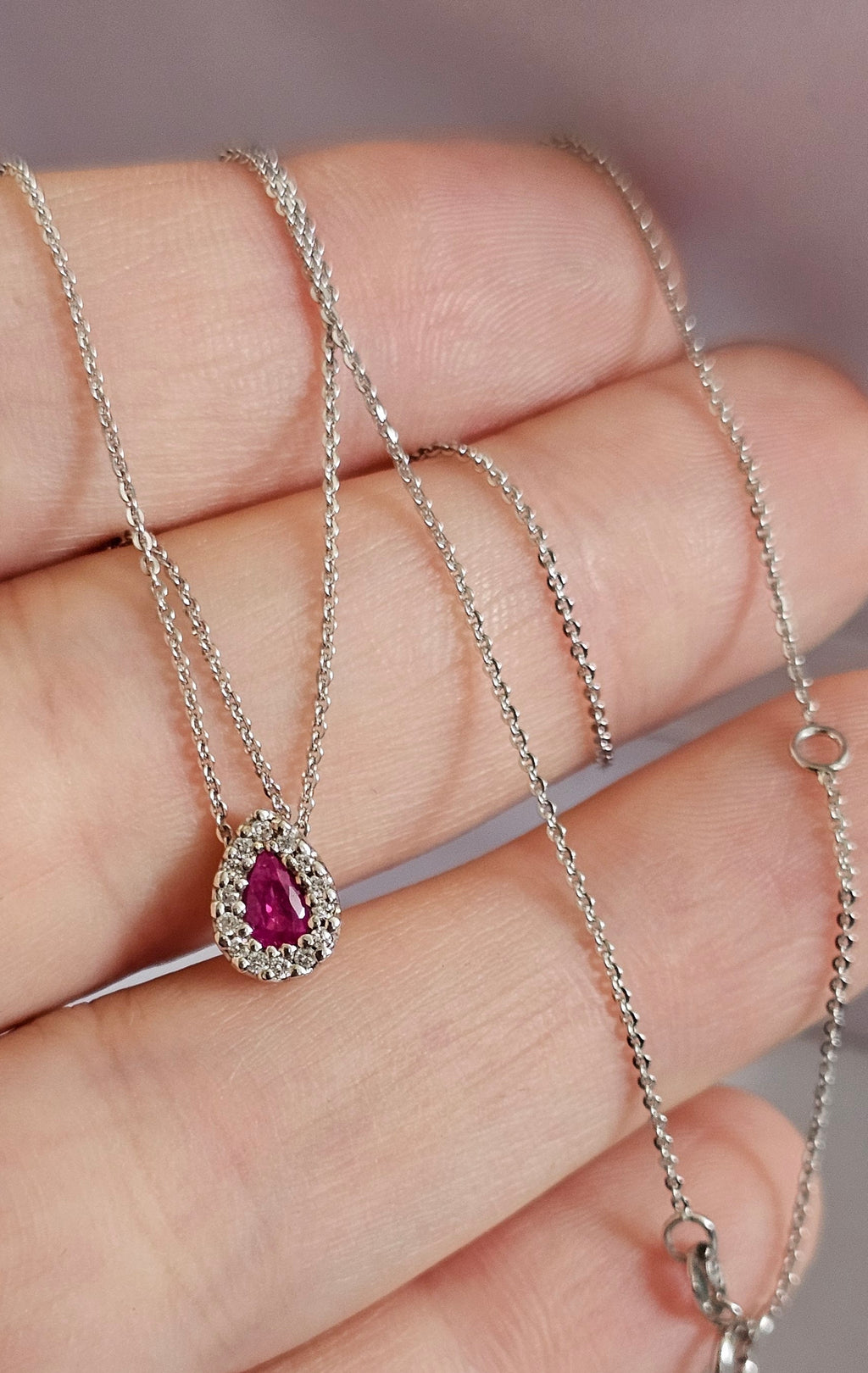 Elegant 9ct White Gold Diamond & Ruby Teardrop Necklace 16.5" - 18"
