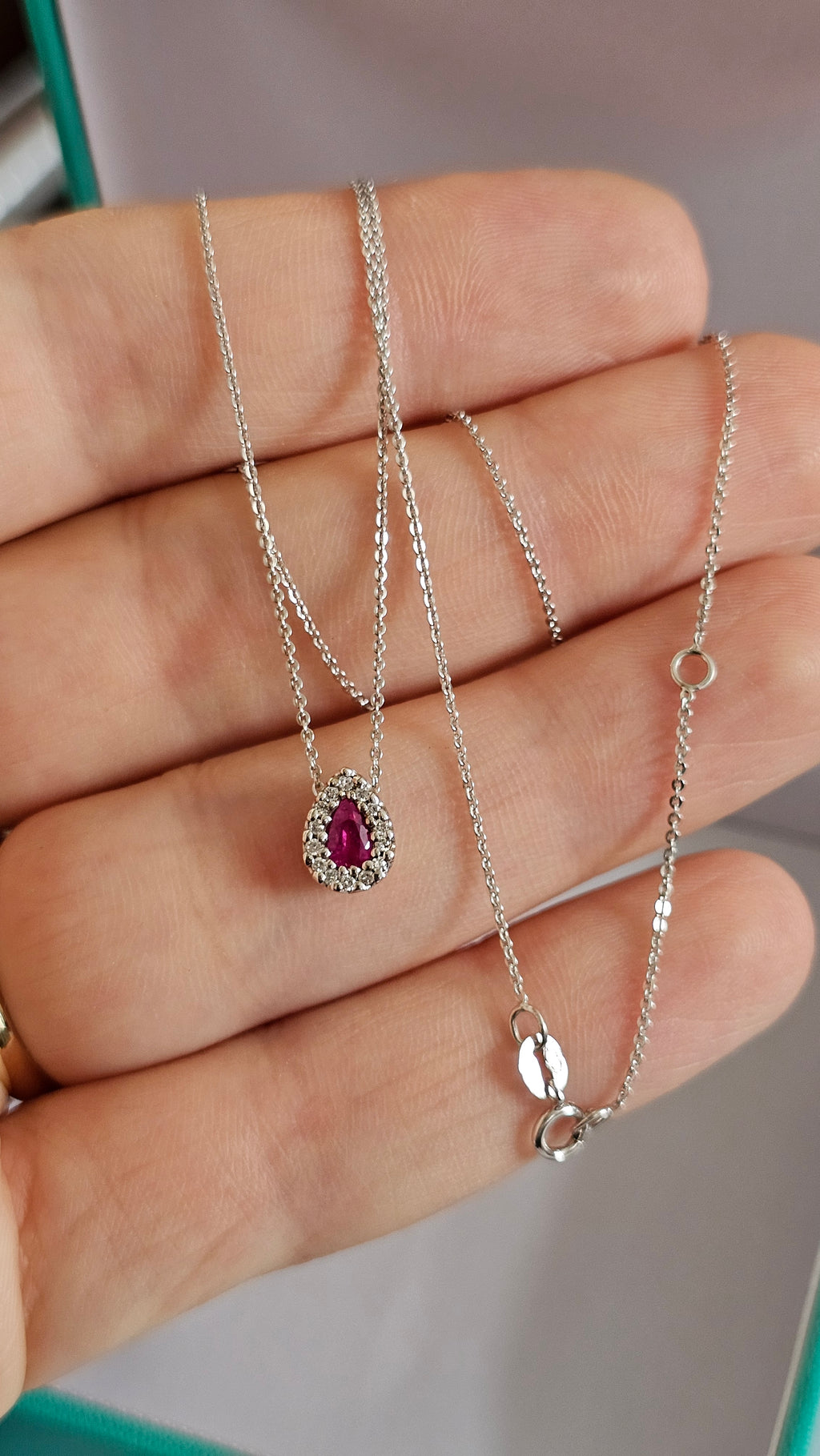 Elegant 9ct White Gold Diamond & Ruby Teardrop Necklace 16.5" - 18"