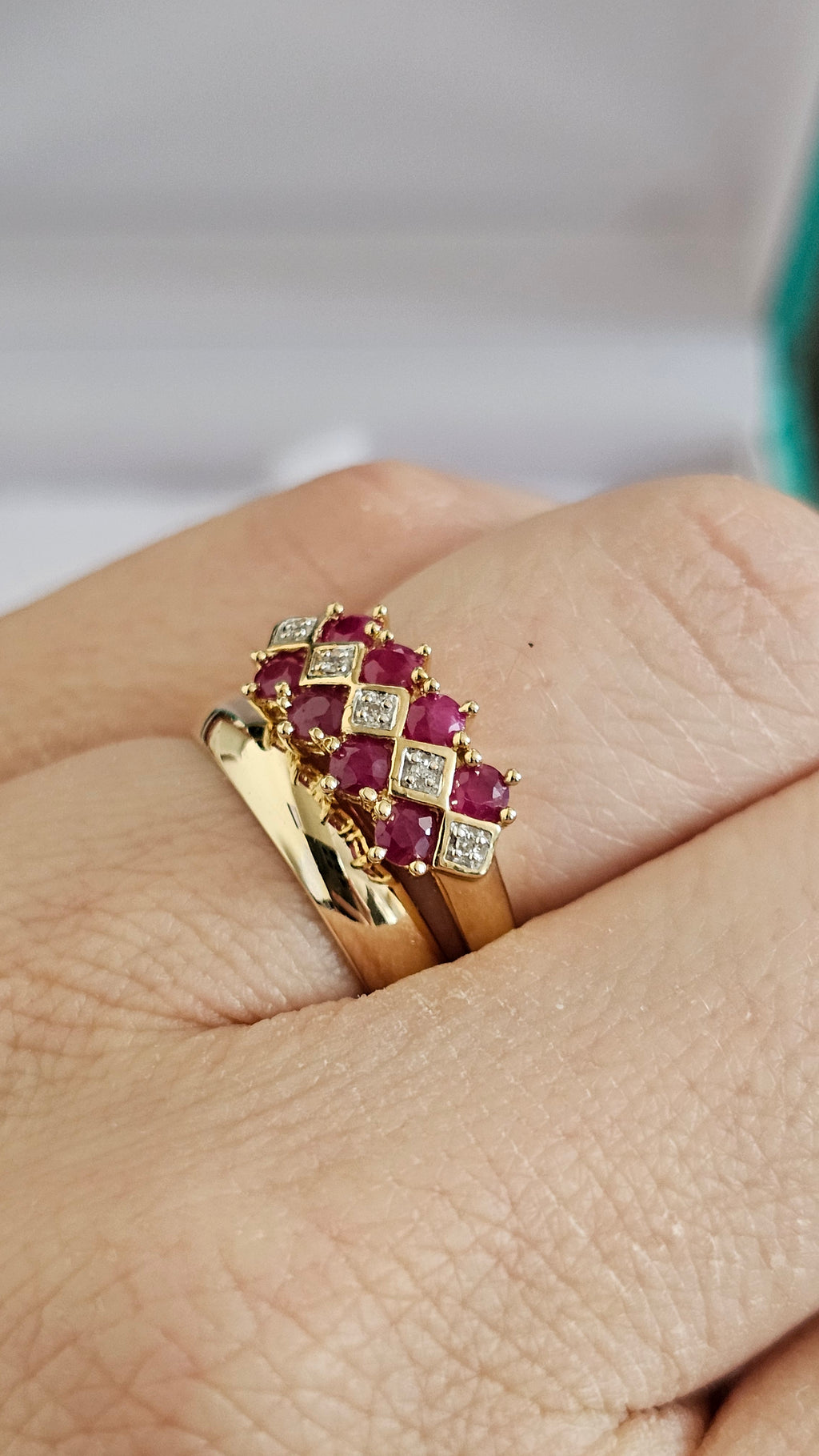 9ct Yellow Gold Natural Ruby & Diamond  Ring  Size P ½