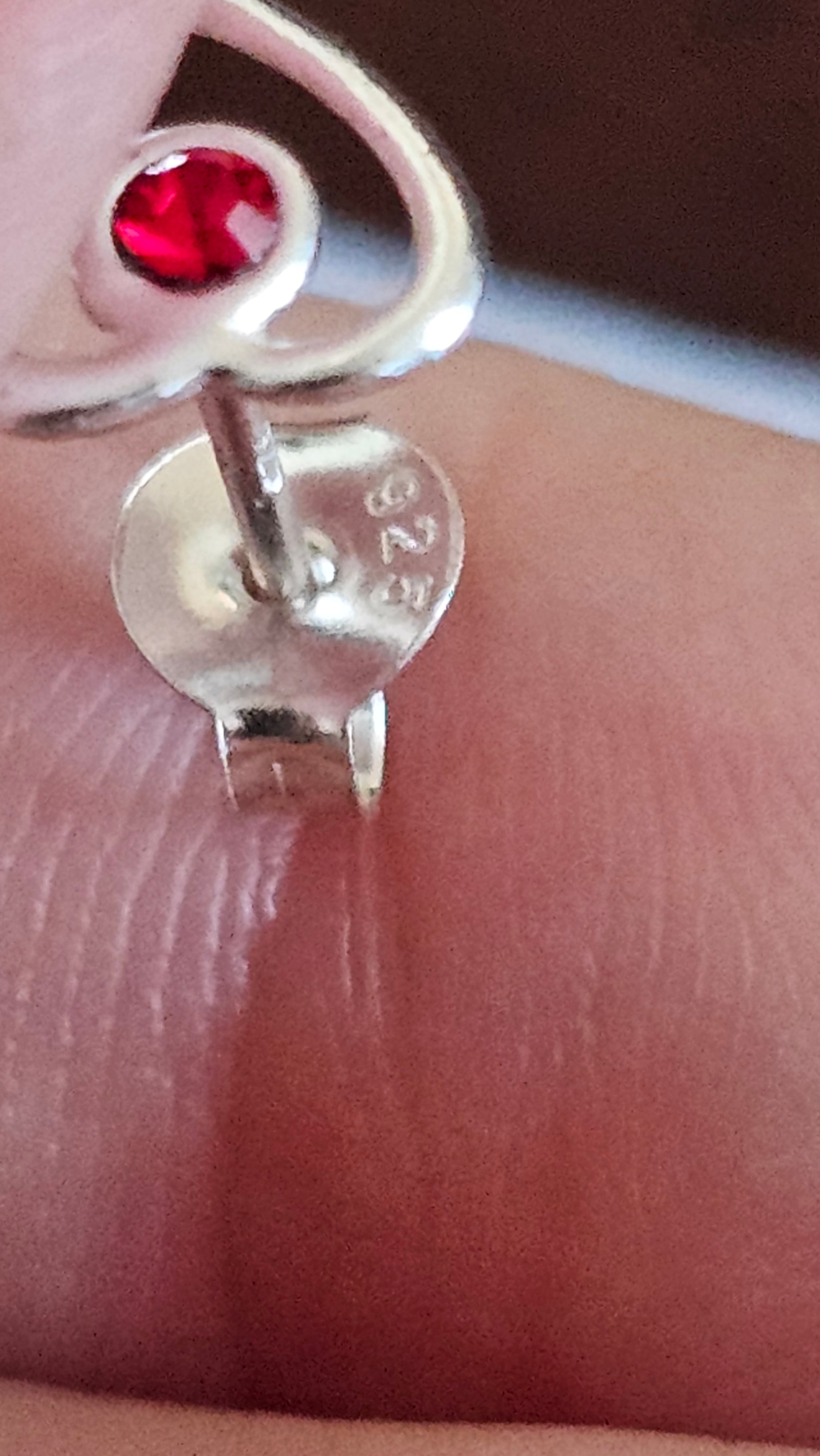 925 Sterling Silver Open Heart Dainty Stud Earrings with Red Stone