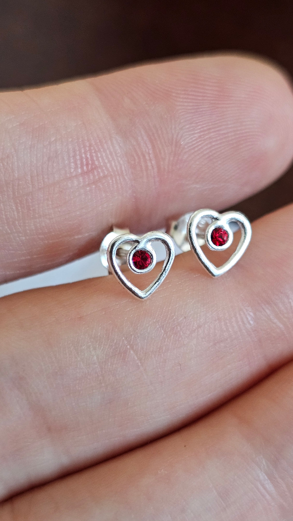 925 Sterling Silver Open Heart Dainty Stud Earrings with Red Stone