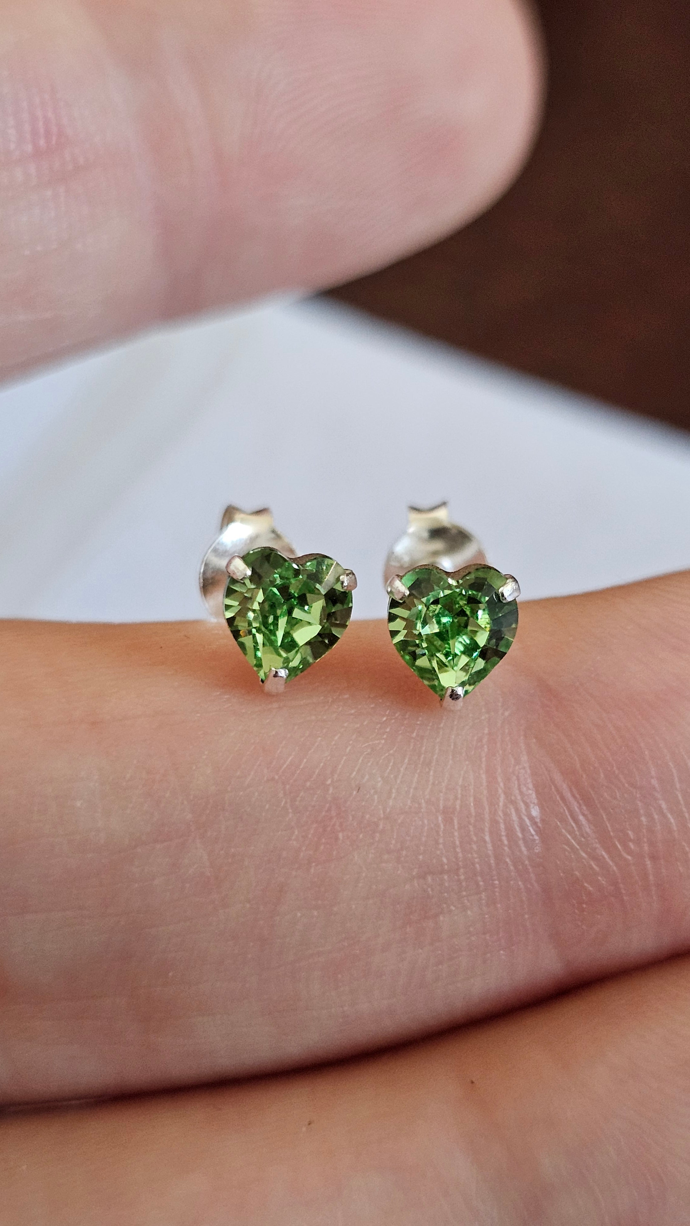 925 Sterling Silver Green Heart Rhinestone Stud Earrings