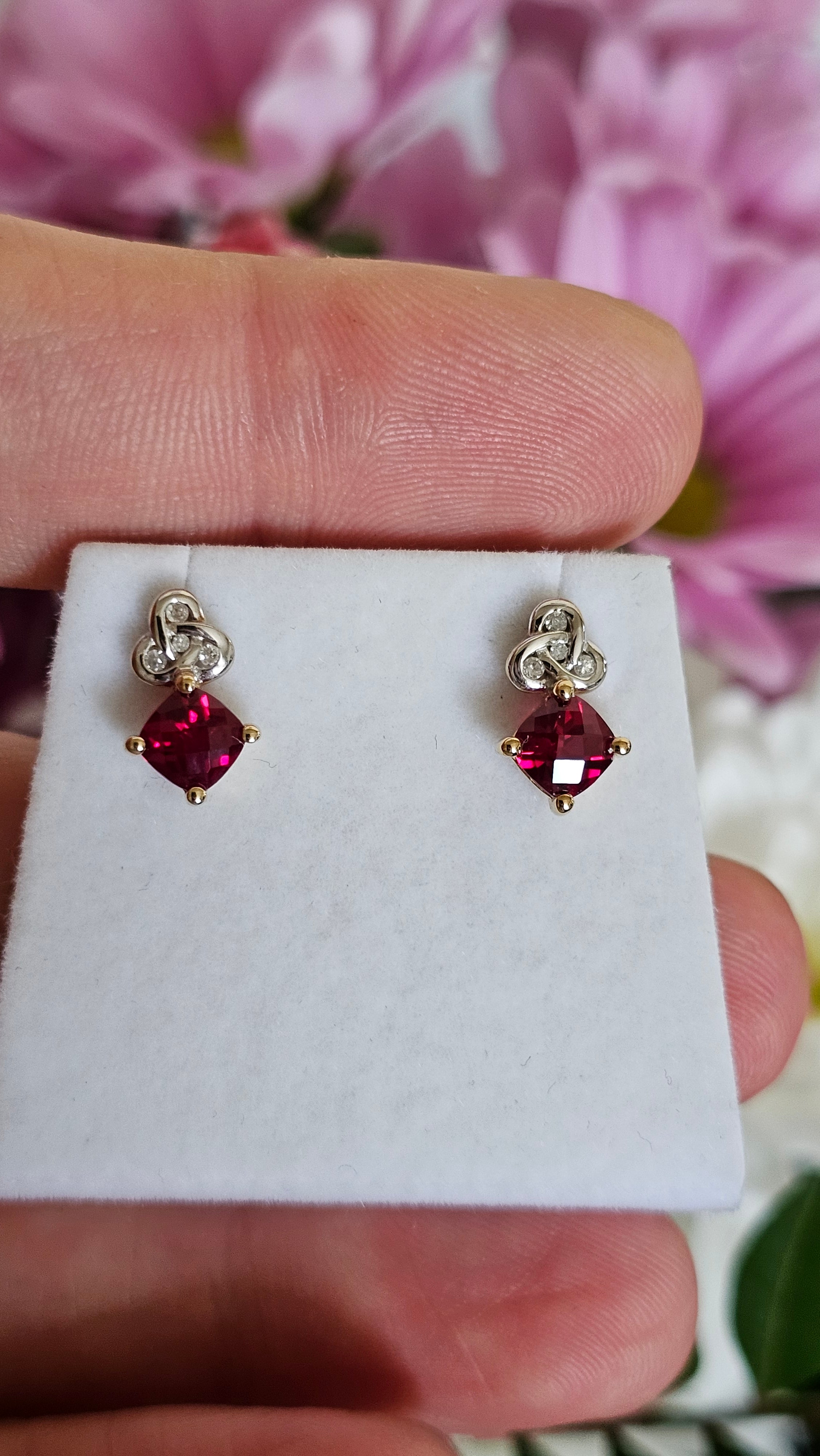 Solid 9ct Yellow Gold Ruby & Diamond Knot Stud Earrings