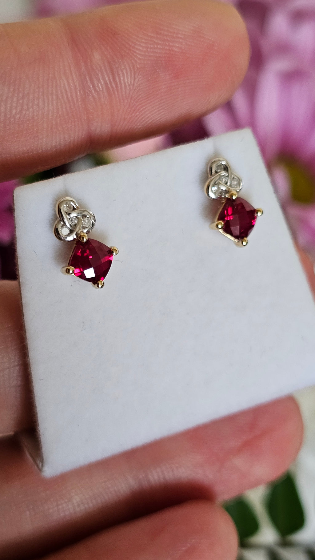 Solid 9ct Yellow Gold Ruby & Diamond Knot Stud Earrings