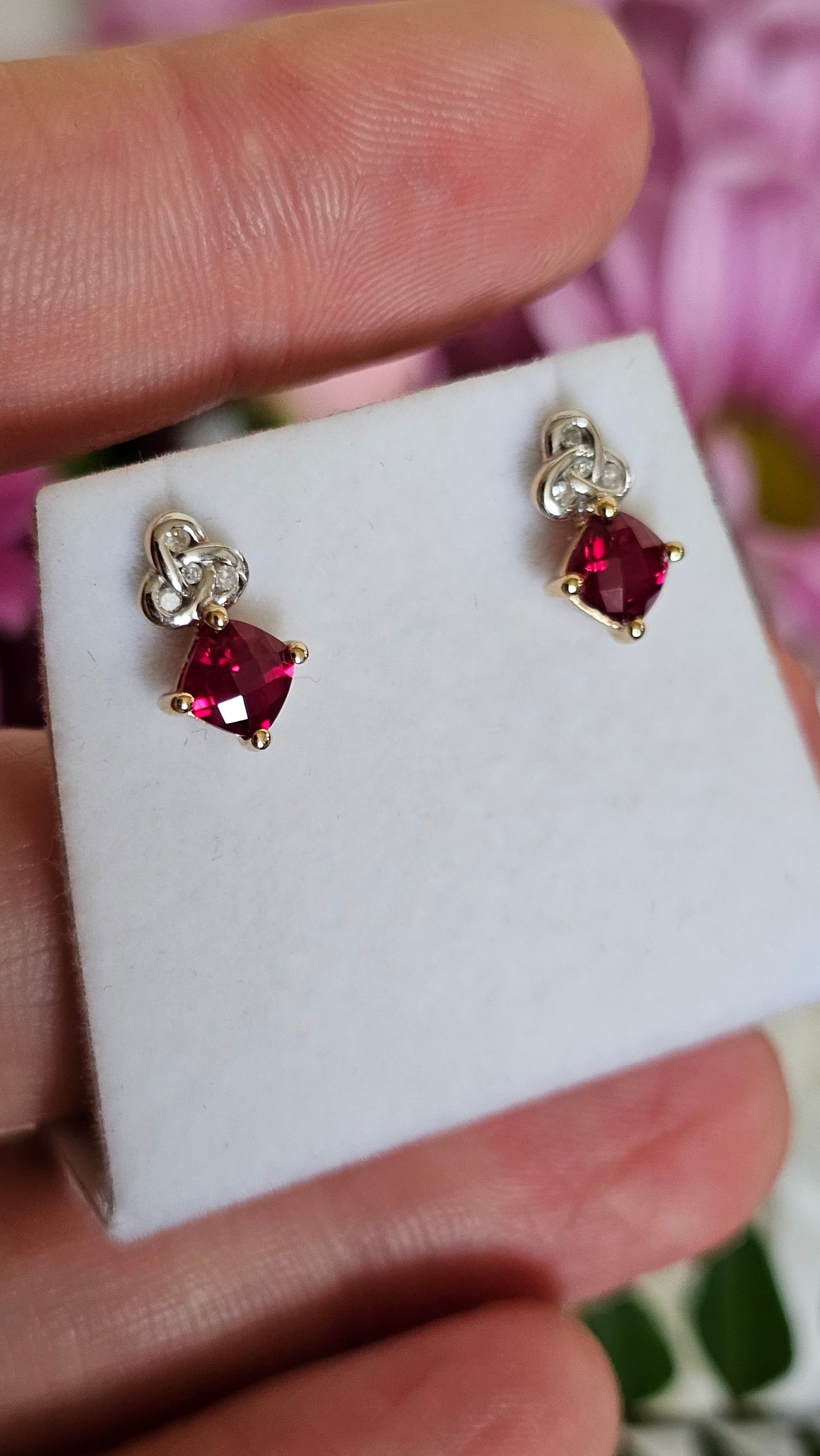 Solid 9ct Yellow Gold Ruby & Diamond Knot Stud Earrings
