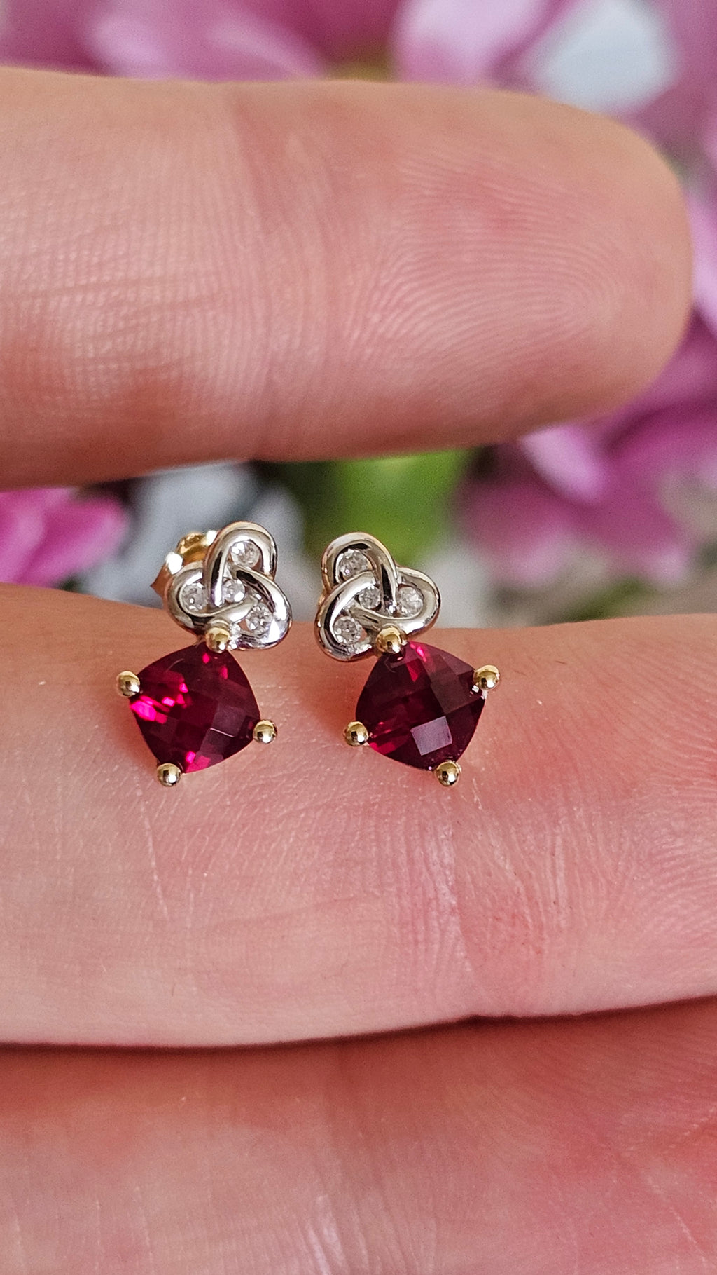 Solid 9ct Yellow Gold Ruby & Diamond Knot Stud Earrings