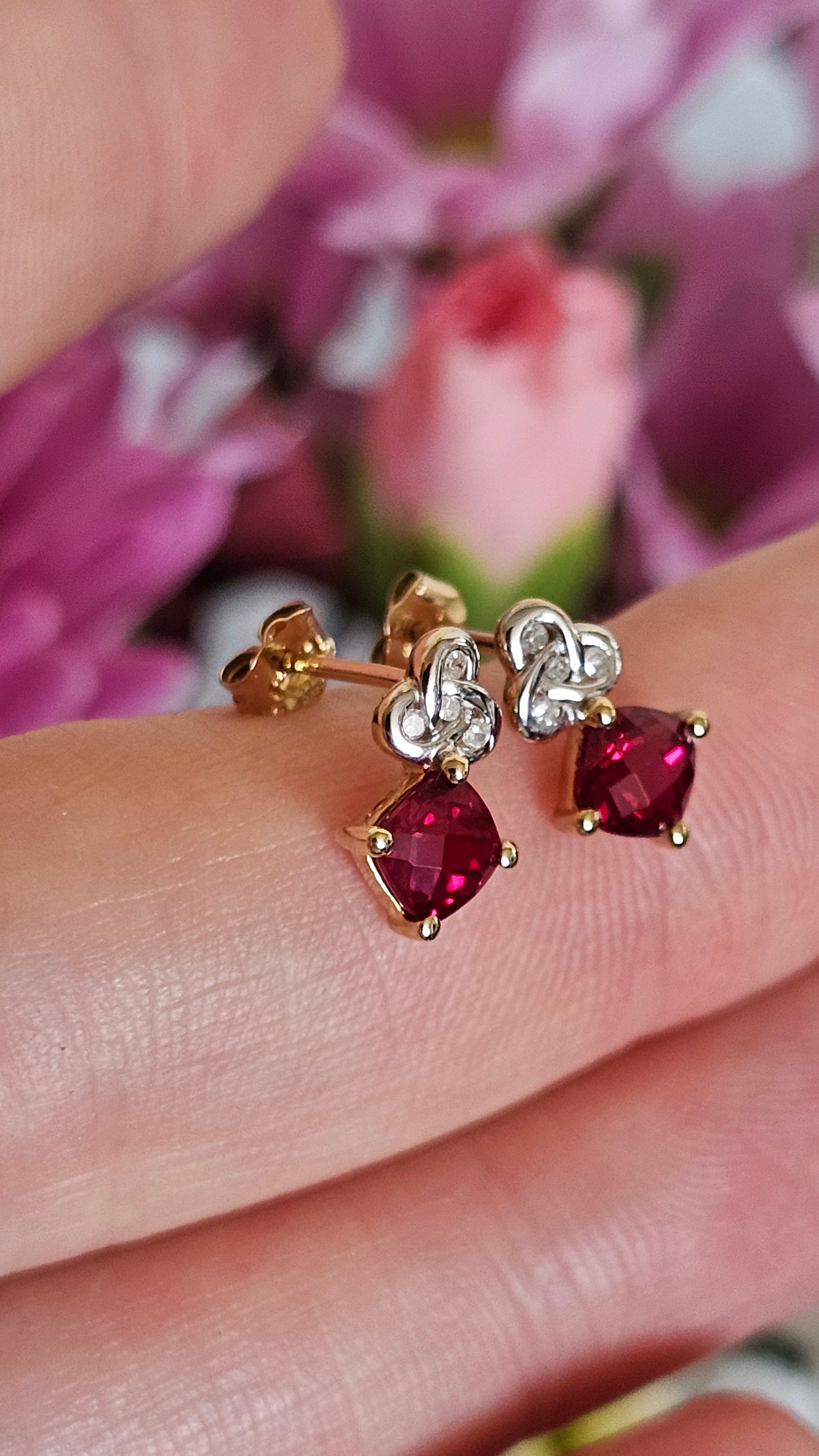 Solid 9ct Yellow Gold Ruby & Diamond Knot Stud Earrings