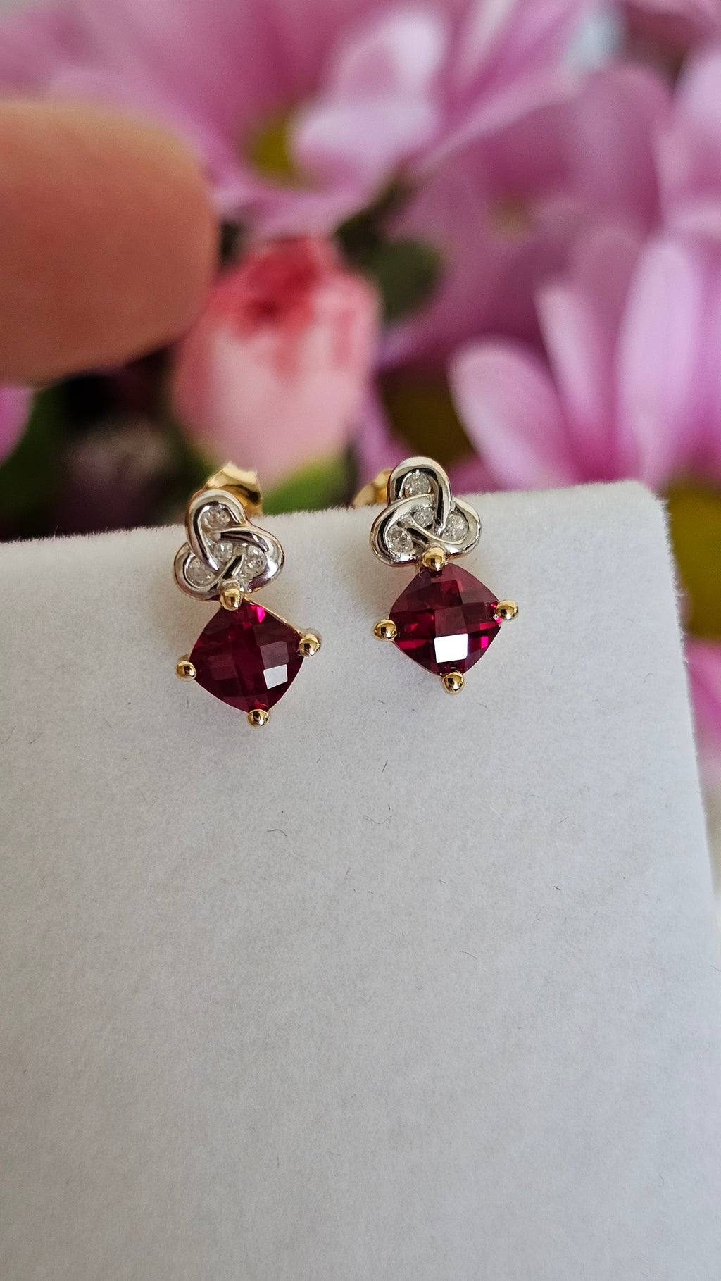 Solid 9ct Yellow Gold Ruby & Diamond Knot Stud Earrings