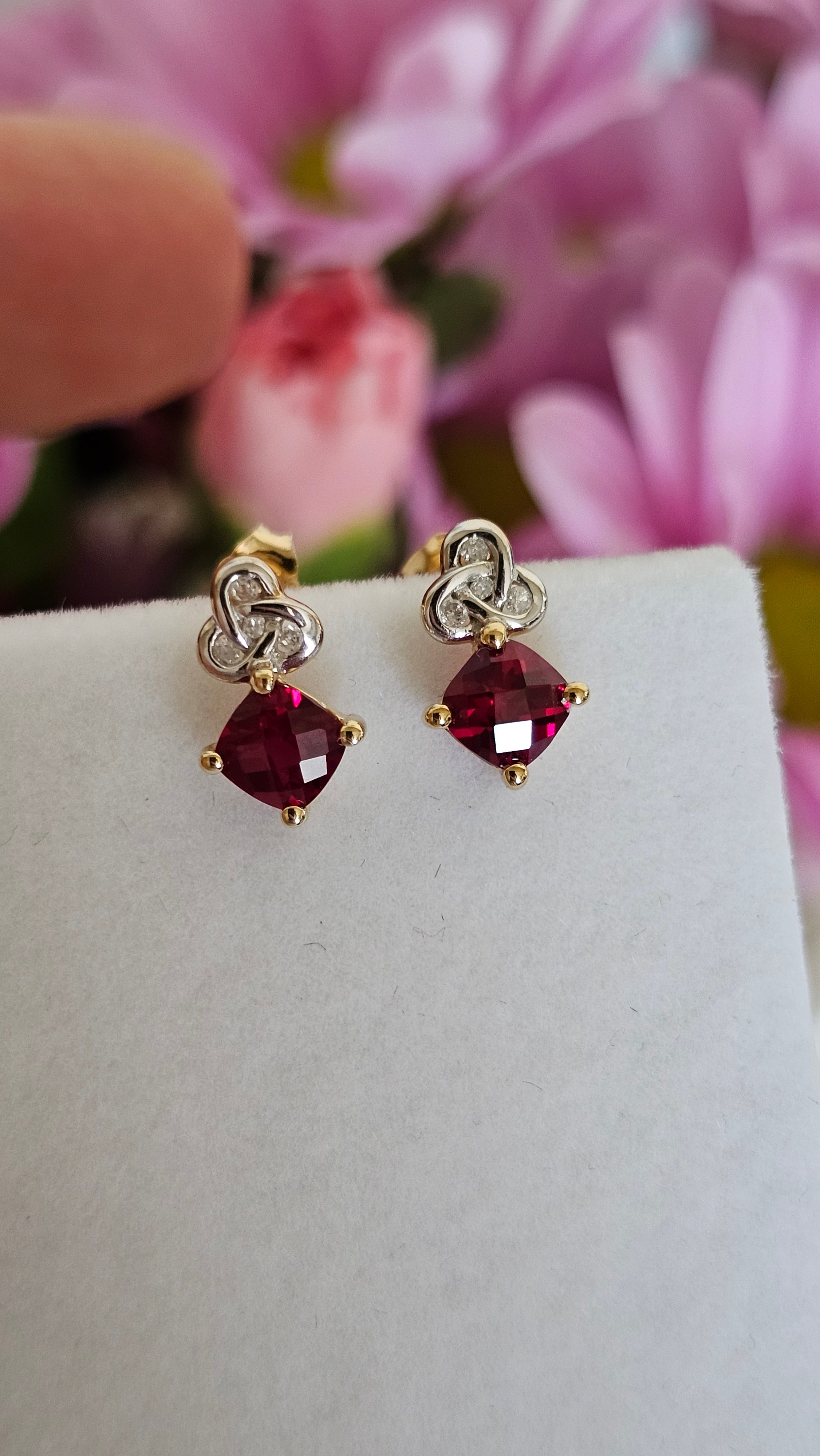 Solid 9ct Yellow Gold Ruby & Diamond Knot Stud Earrings
