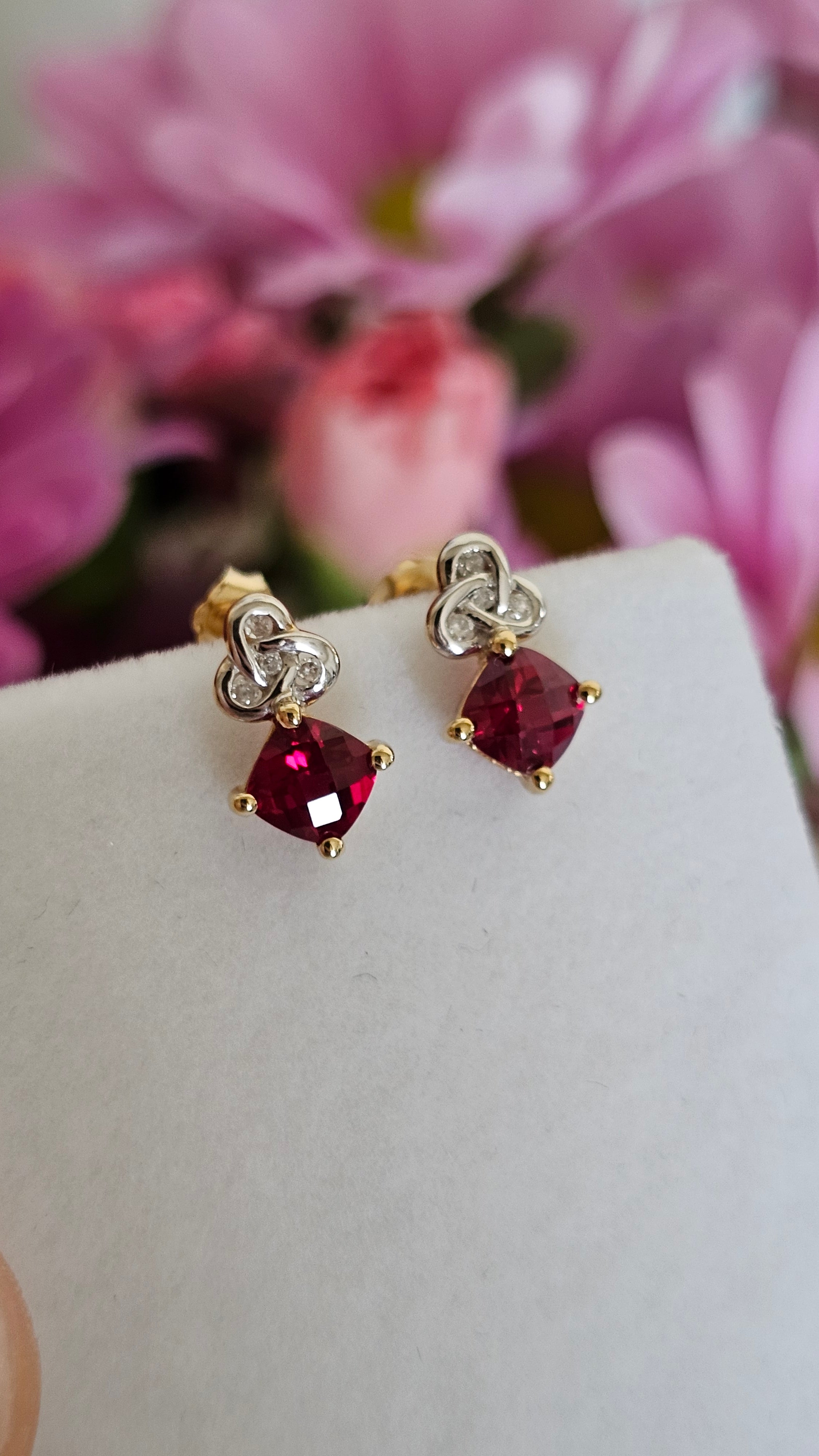 Solid 9ct Yellow Gold Ruby & Diamond Knot Stud Earrings