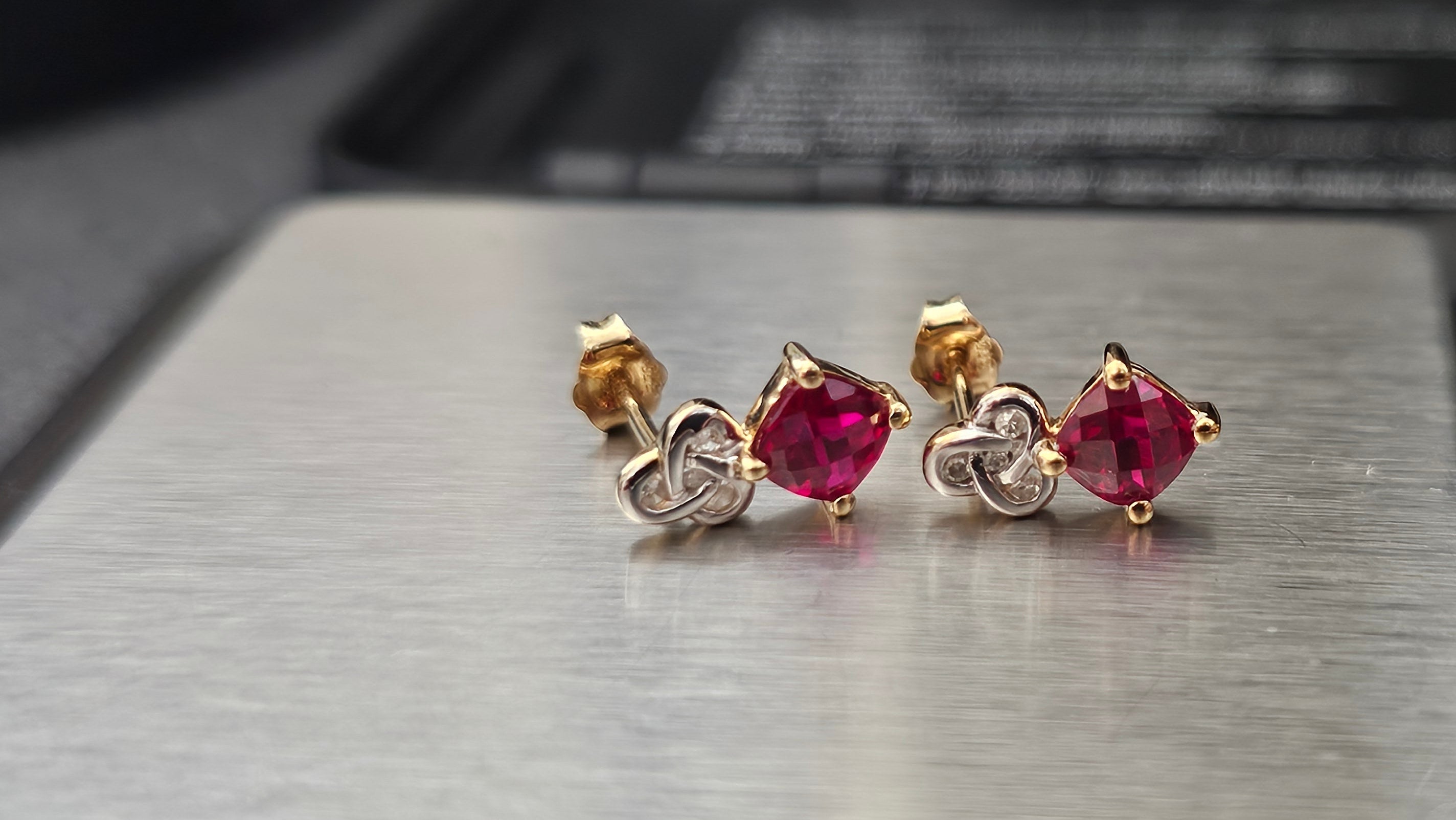 Solid 9ct Yellow Gold Ruby & Diamond Knot Stud Earrings