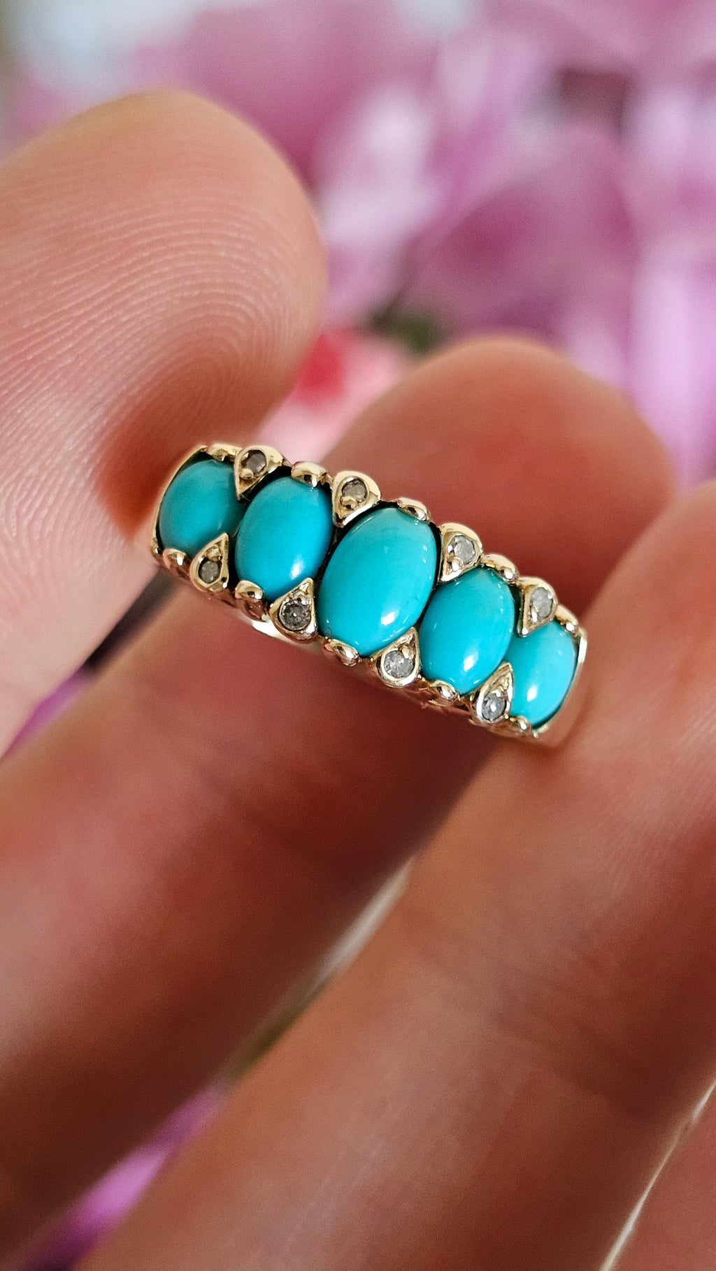 9ct Yellow Gold 5-Stone Turquoise & Diamond Ring - Size N 1/2