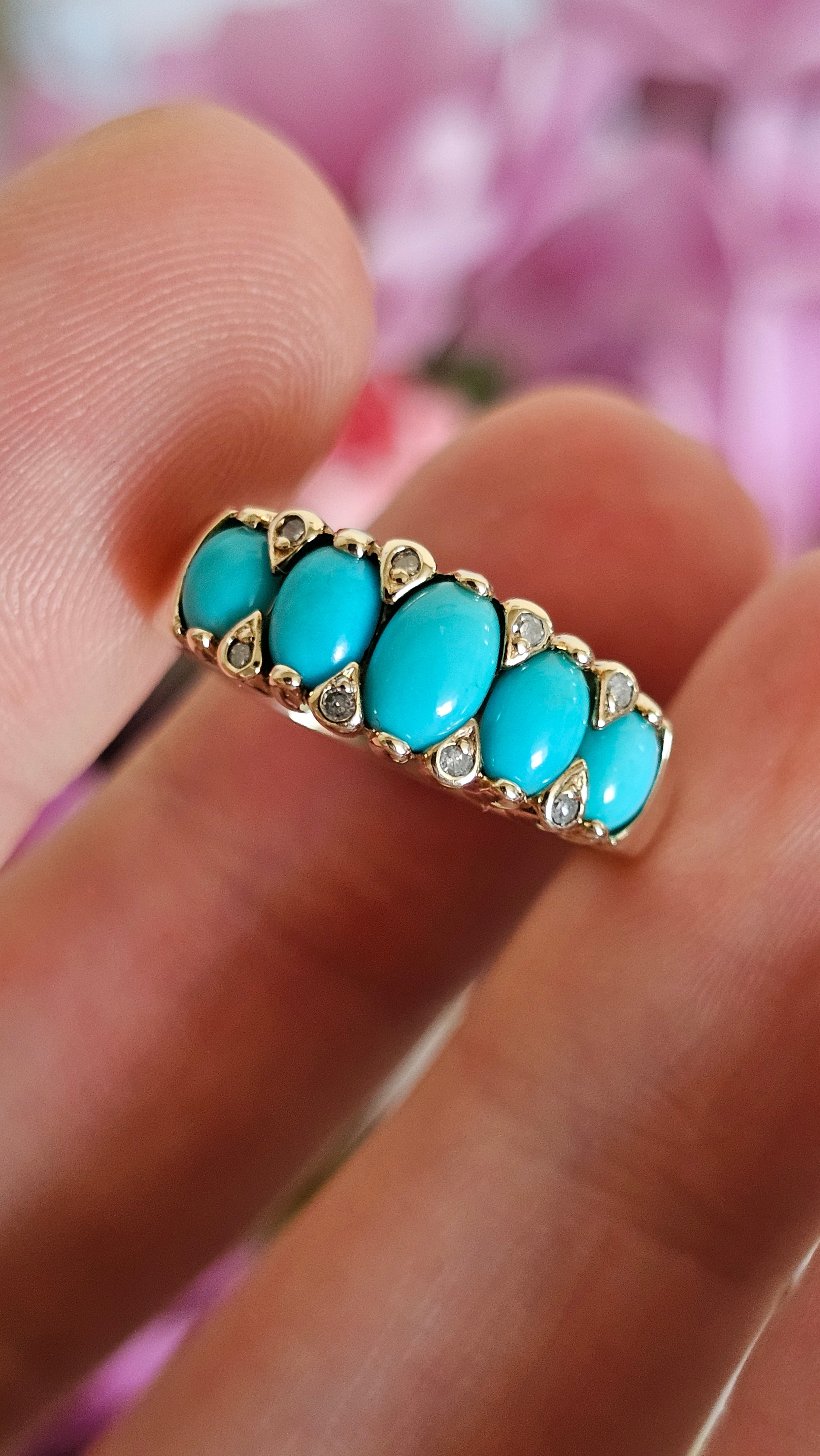 9ct Yellow Gold 5-Stone Turquoise & Diamond Ring - Size N 1/2