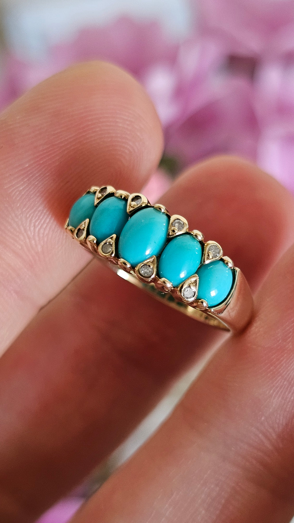 9ct Yellow Gold 5-Stone Turquoise & Diamond Ring - Size N 1/2