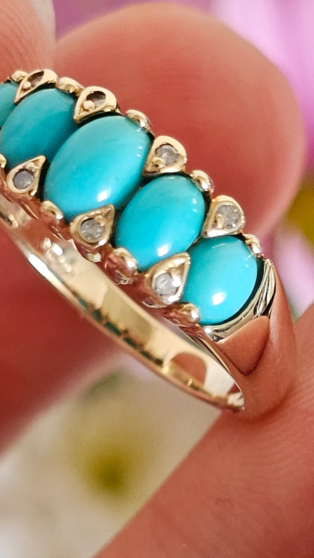 9ct Yellow Gold 5-Stone Turquoise & Diamond Ring - Size N 1/2
