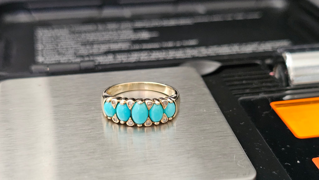 9ct Yellow Gold 5-Stone Turquoise & Diamond Ring - Size N 1/2