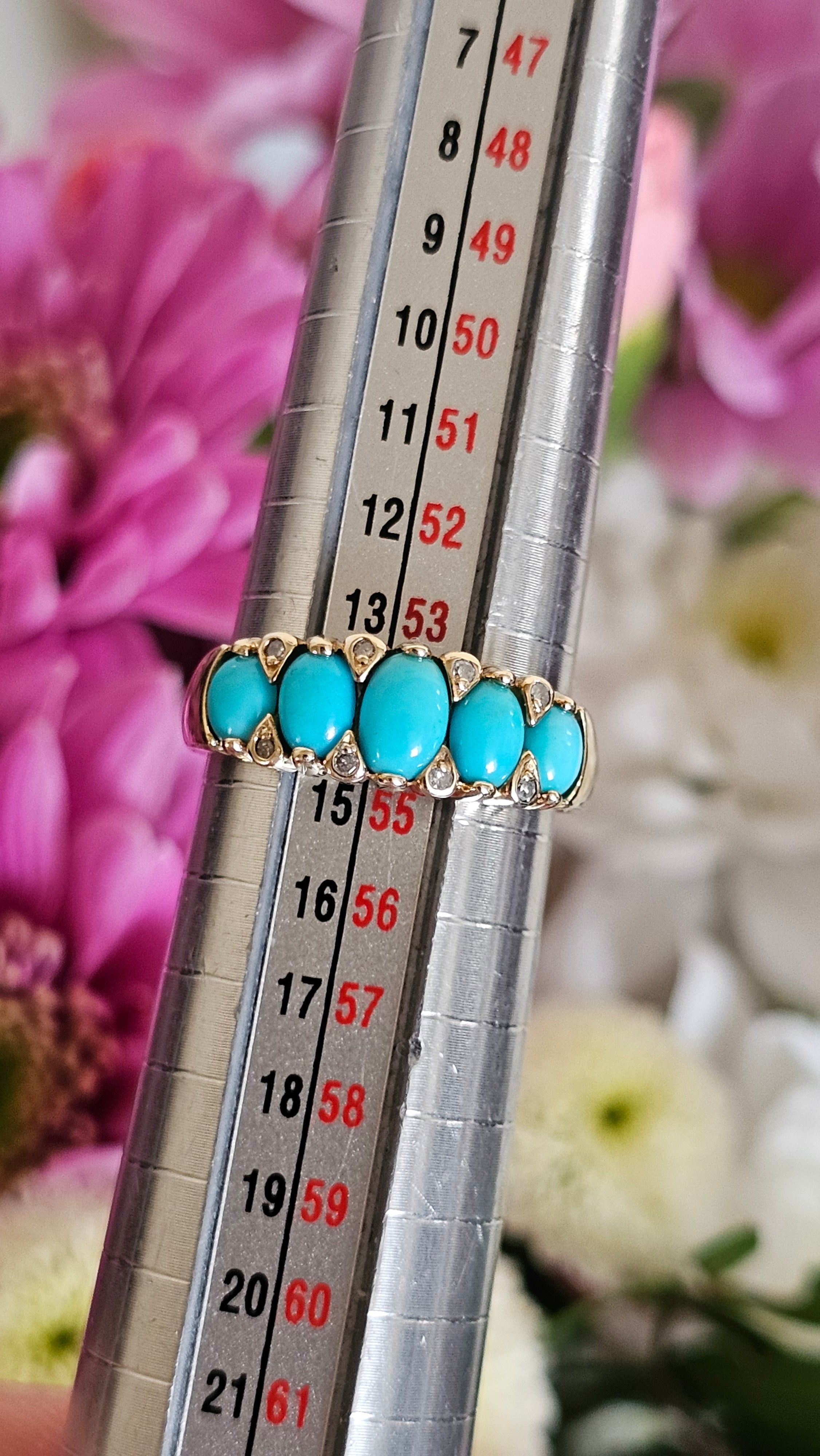 9ct Yellow Gold 5-Stone Turquoise & Diamond Ring - Size N 1/2
