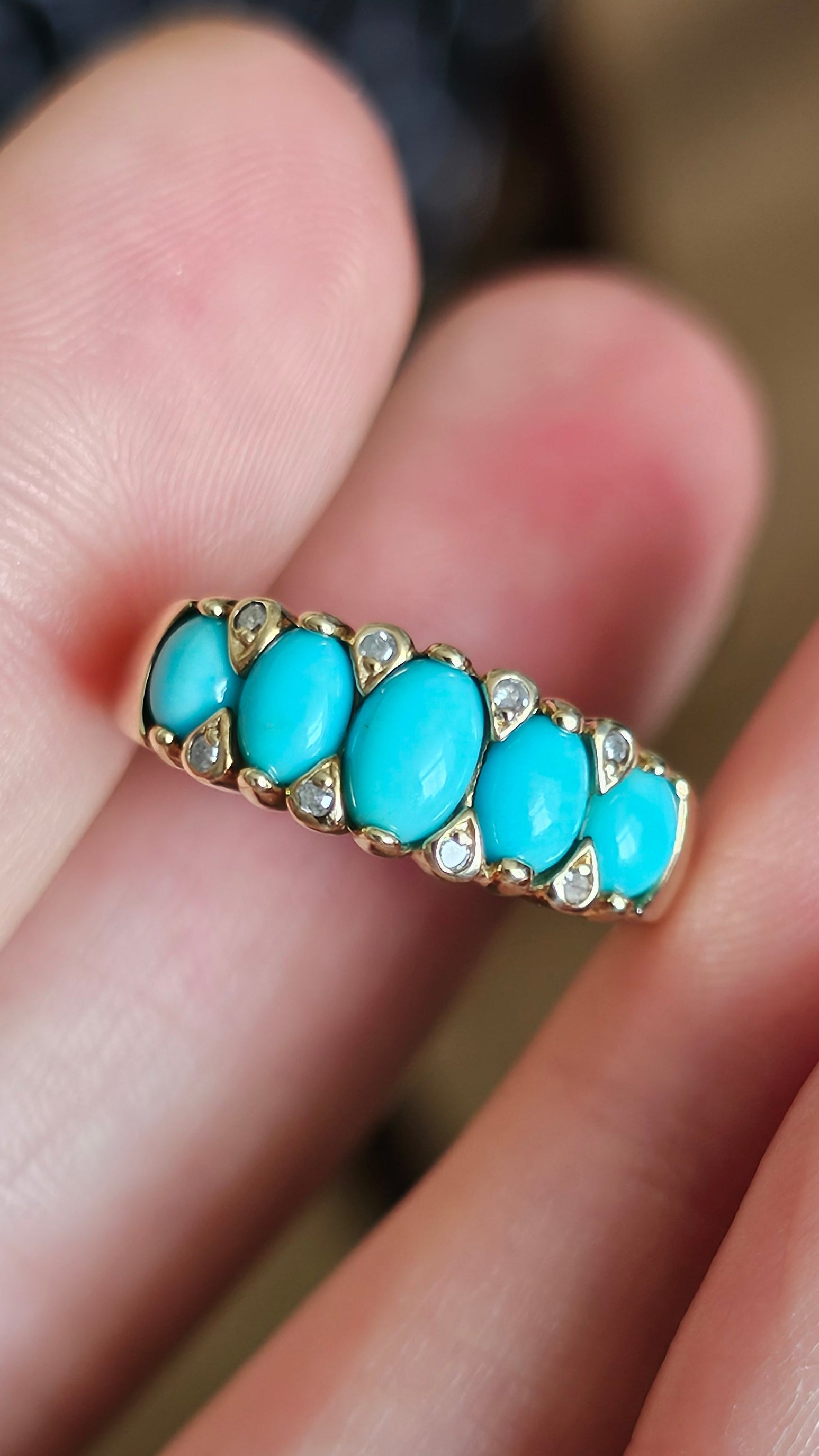 9ct Yellow Gold 5-Stone Turquoise & Diamond Ring - Size N 1/2