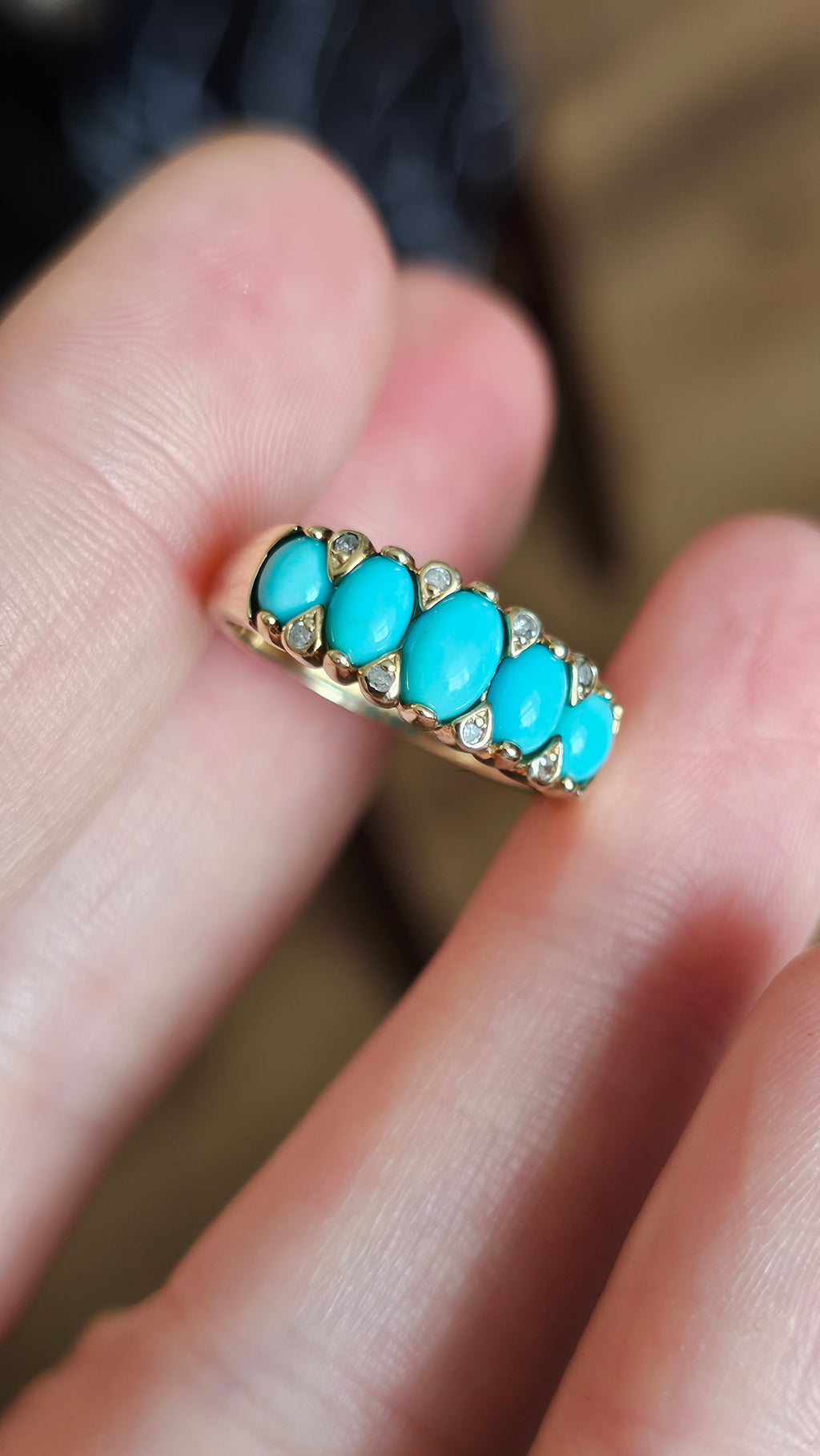 9ct Yellow Gold 5-Stone Turquoise & Diamond Ring - Size N 1/2