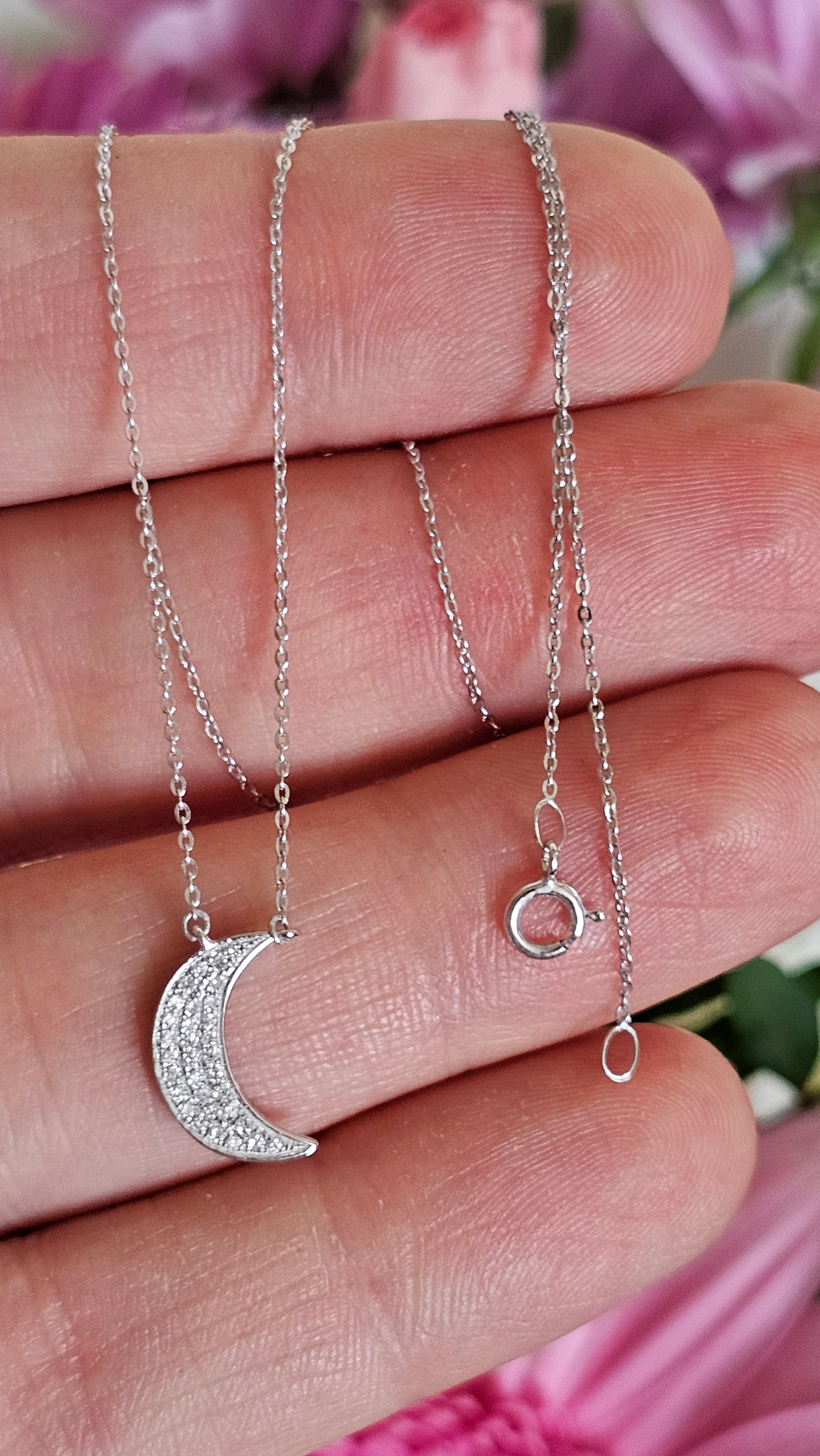 9ct White Gold & Natural Diamond Crescent Moon Necklace