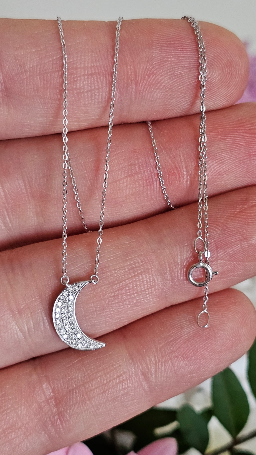9ct White Gold & Natural Diamond Crescent Moon Necklace