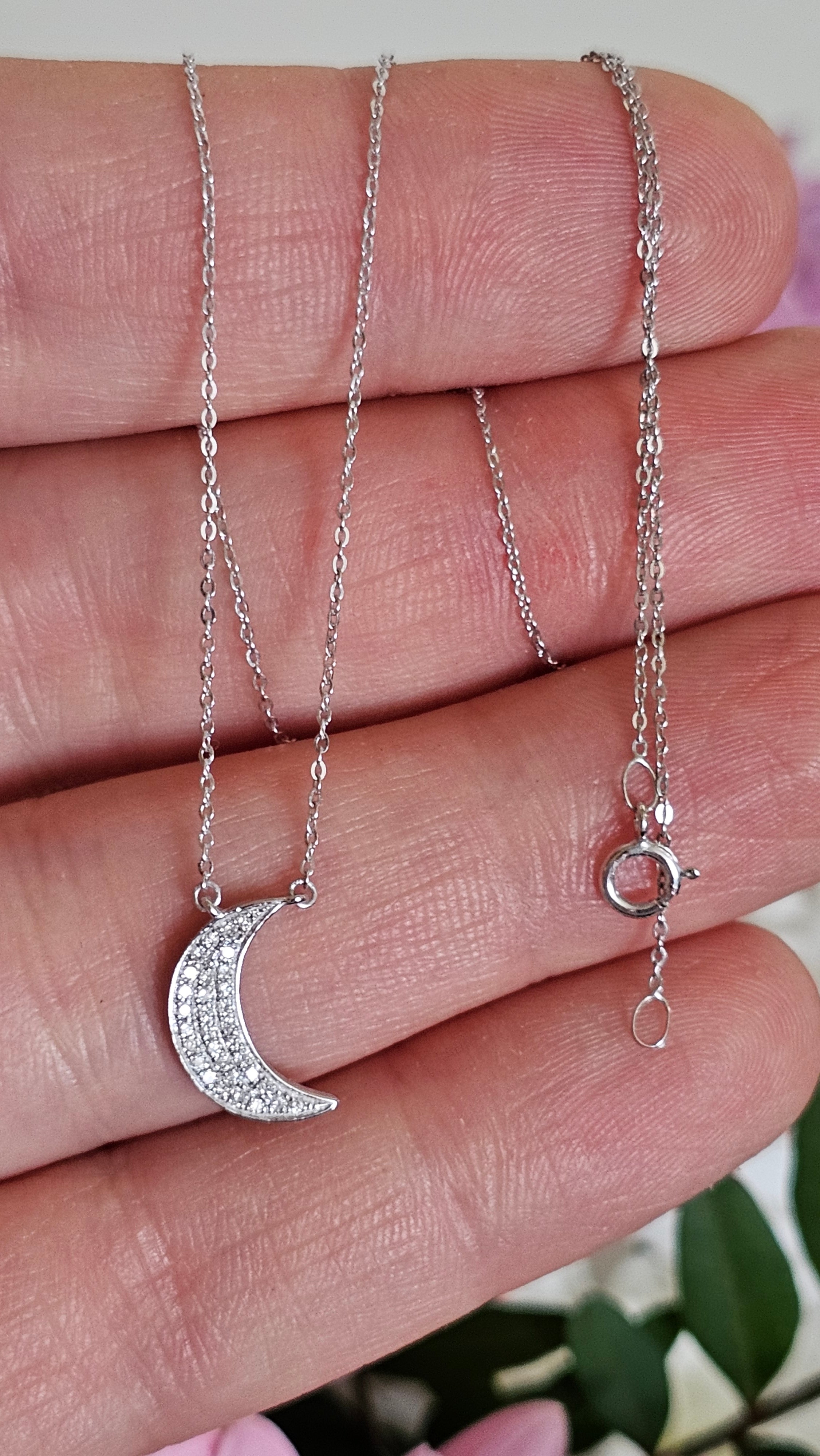 9ct White Gold & Natural Diamond Crescent Moon Necklace